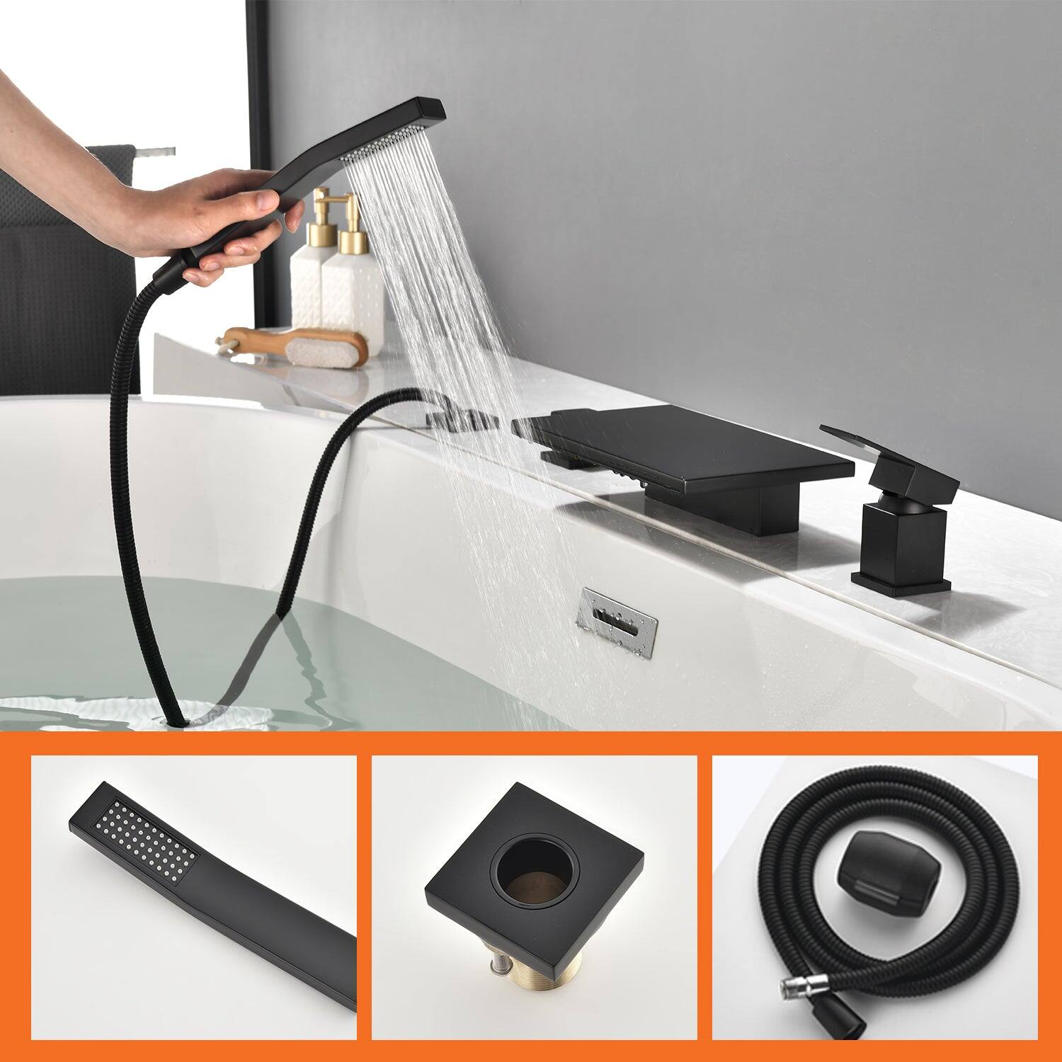 Alt View 4. Boyel Living - 10.24 in.W Black Bathtub Hot and Cold Water Faucet with Waterfall Spout and Handheld Shower - Matte Black.