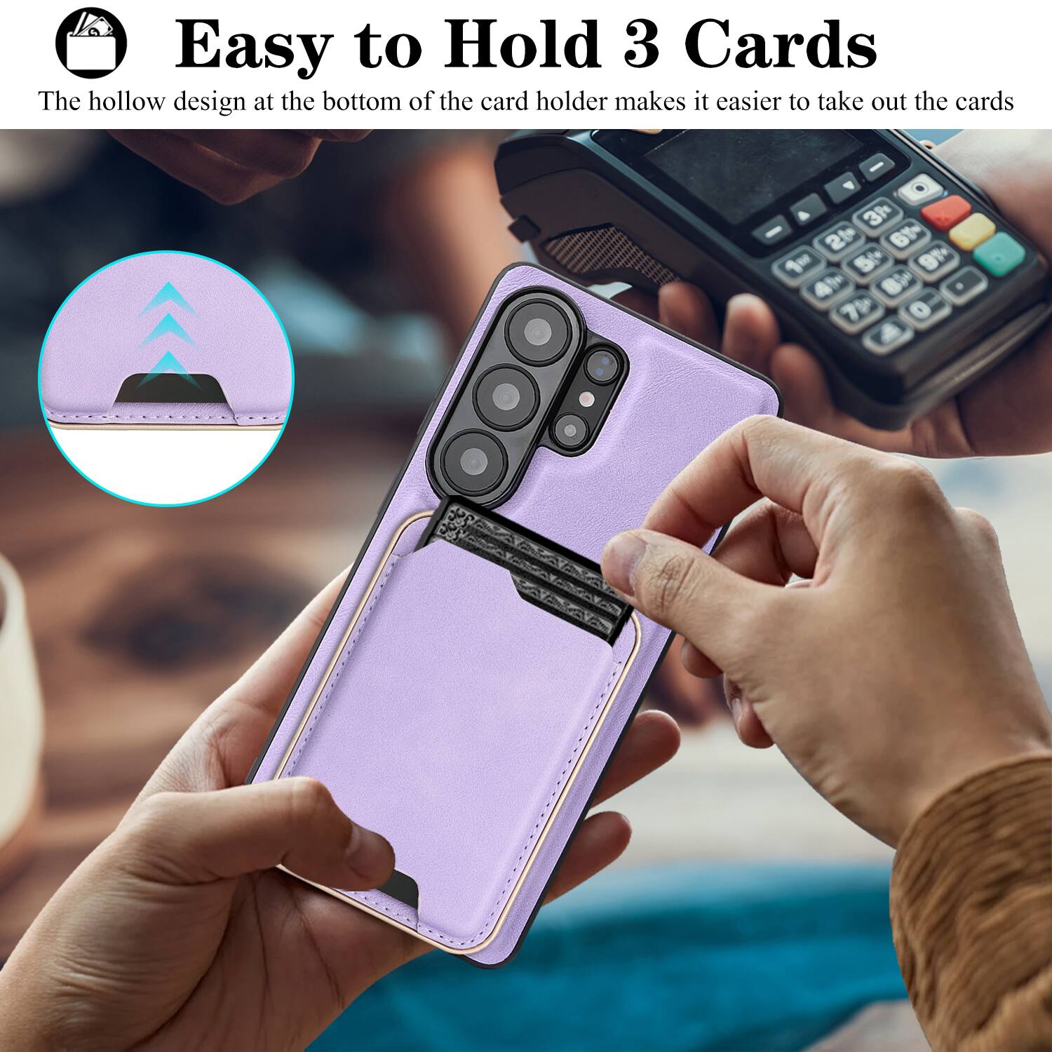 Easy to Hold 3 Cards

The hollow design at the bottom of the card holder makes it easier to take out the cards