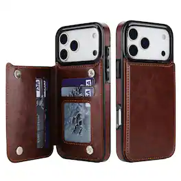 Dteck - Wallet Phone Case for iPhone 18 Pro Max Flip Back Card Holders Kickstand Function Magnetic Button Shockproof Cover - Brown