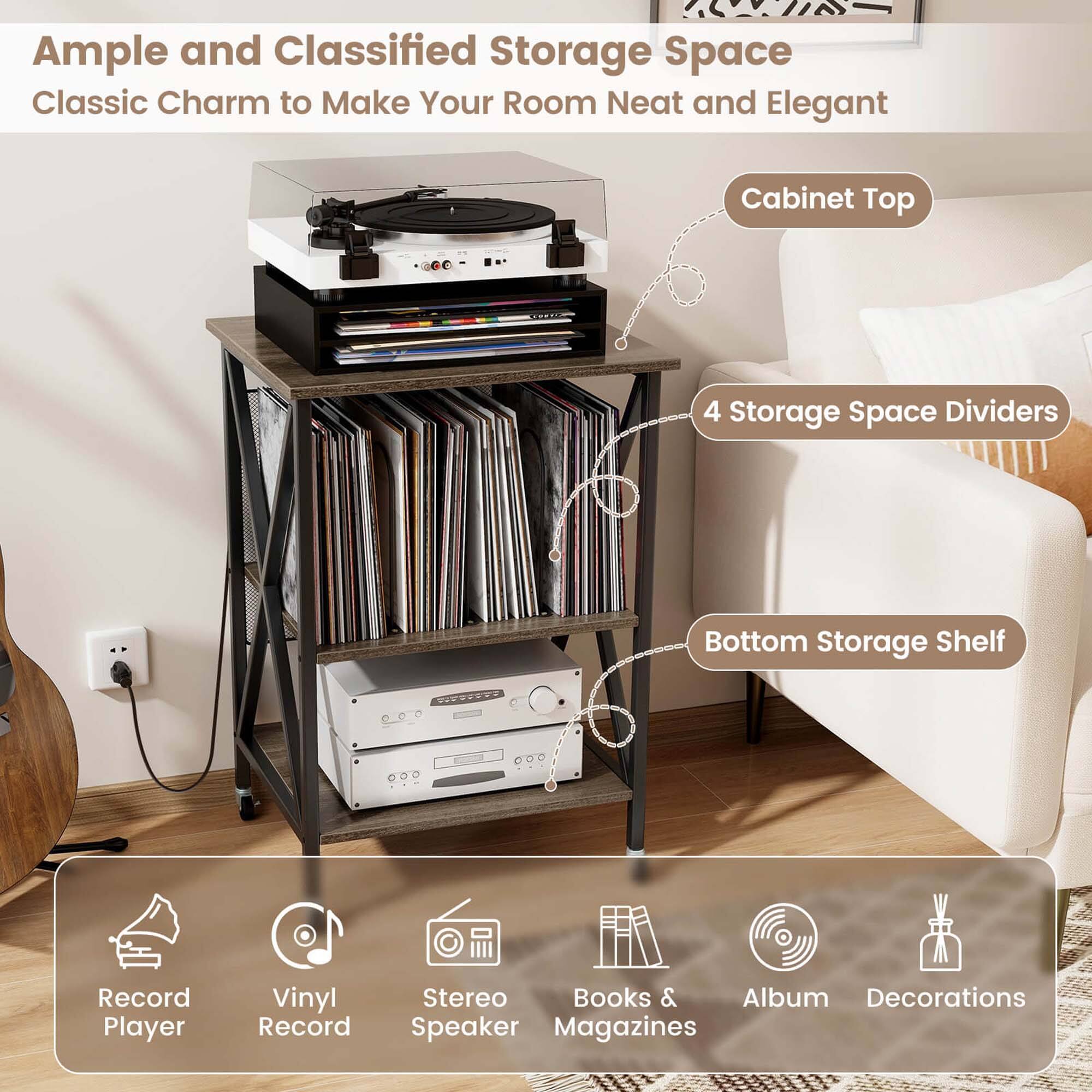 Ample and Classified Storage Space  
Classic Charm to Make Your Room Neat and Elegant  

Cabinet Top  
4 Storage Space Dividers  
Bottom Storage Shelf  

Record Player  
Vinyl Record  
Stereo Speaker  
Books & Magazines  
Album  
Decorations