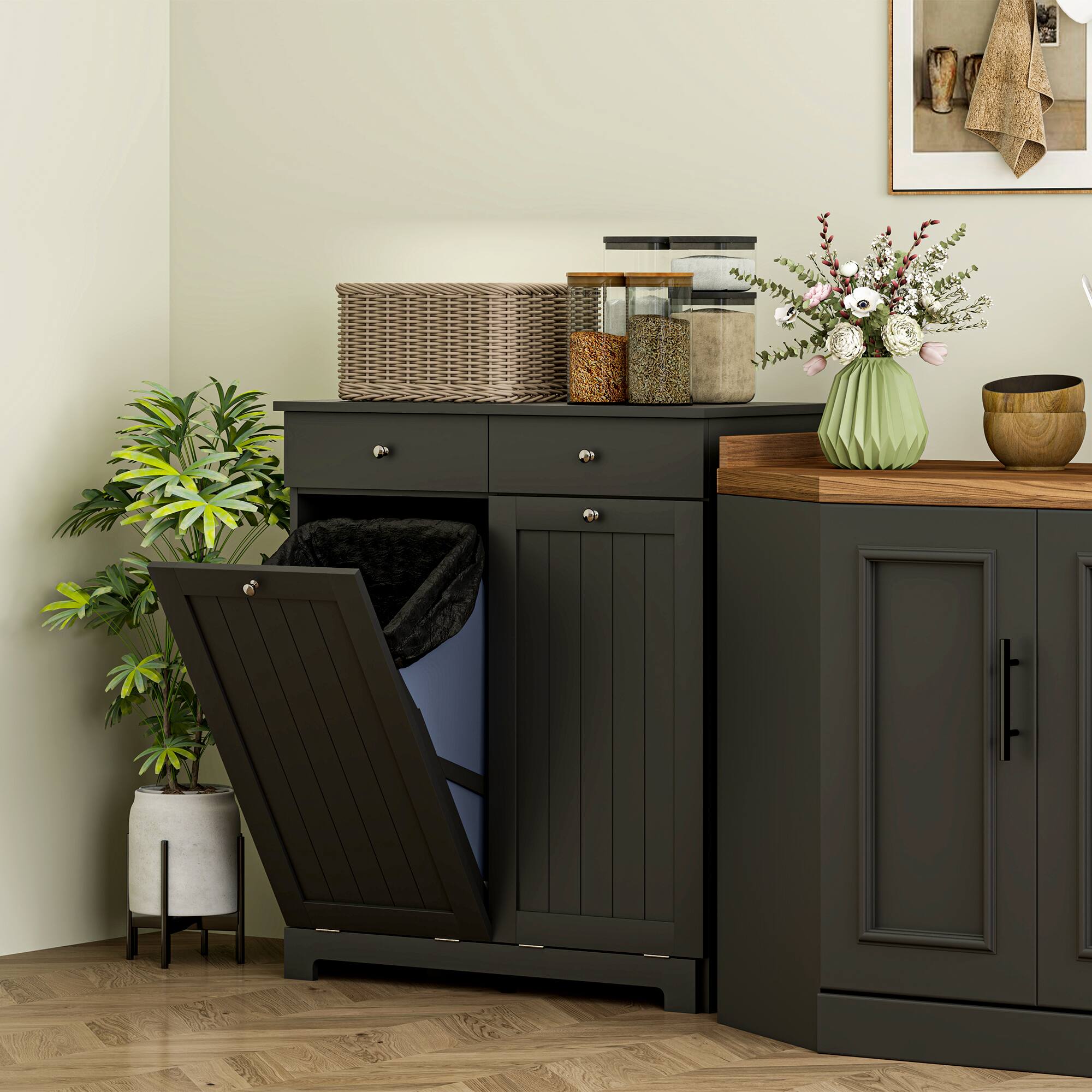 Alt View 4. Homcom - Laundry Cabinet with 2 Removable Baskets, Tilt Out Laundry Hamper with 2 Drawers and 2 Beadboard Doors - Black.