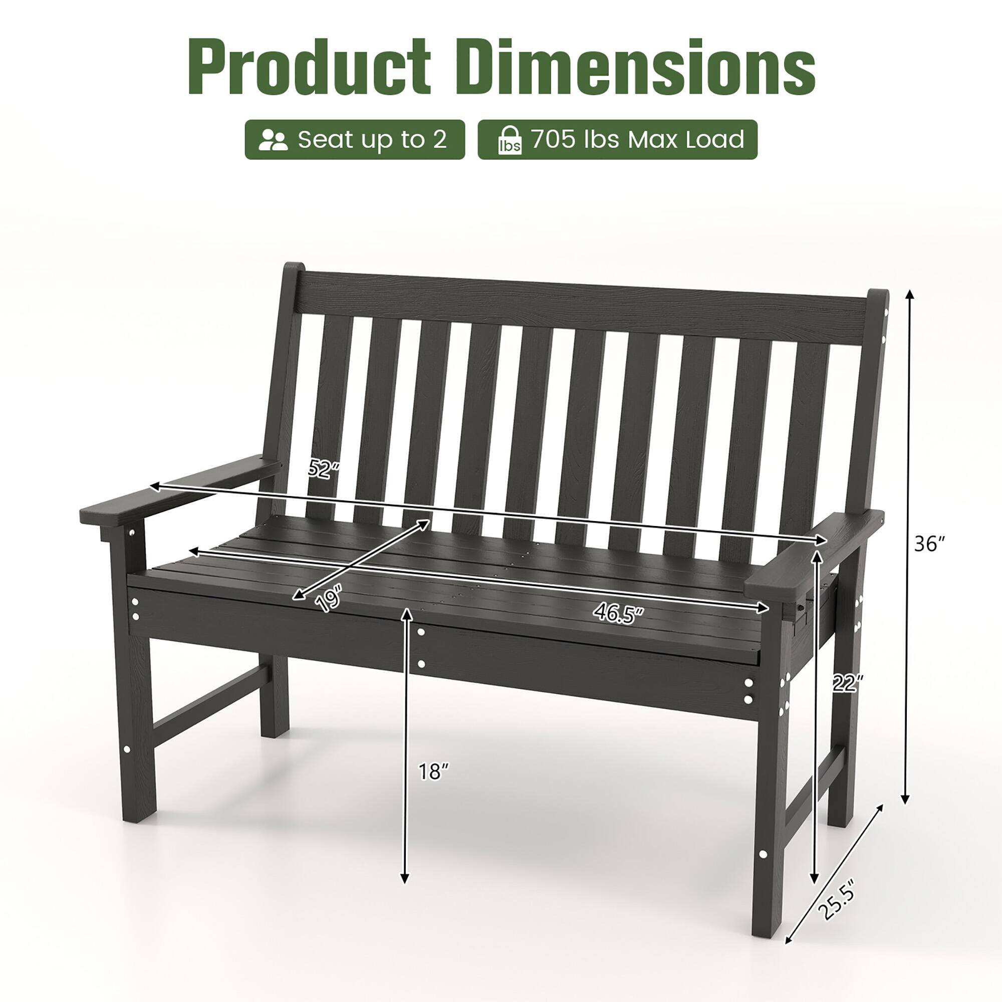 Product Dimensions, Seat up to 2, 705 lbs Max Load, 52", 36", 19", 46.5", 22", 18", 25.5"