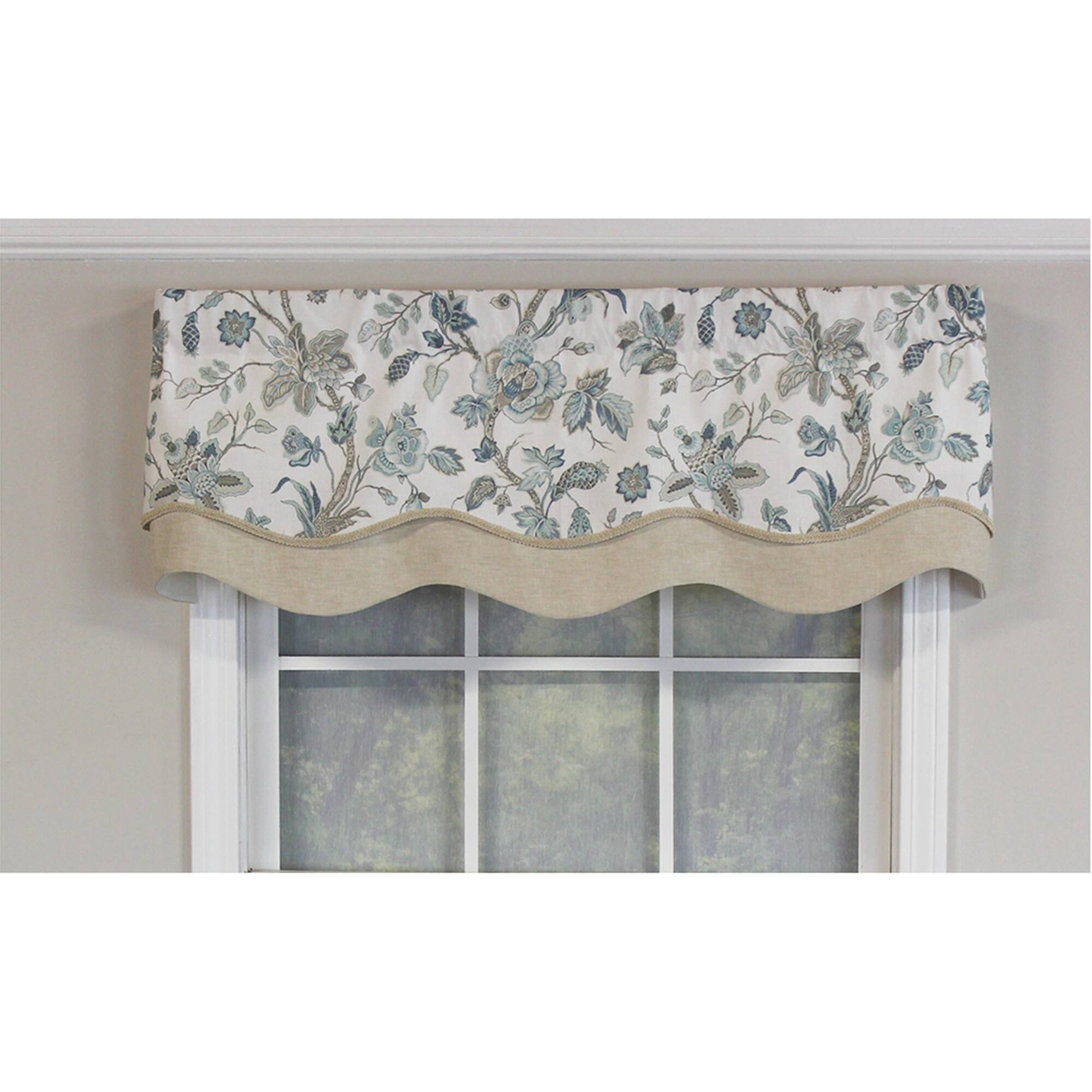 Angle. RLF Home - RLF Home Gianna Glory Valance Spa. 3" Rod Pocket, Layered, Trimmed. 50" x 16" - Spa.