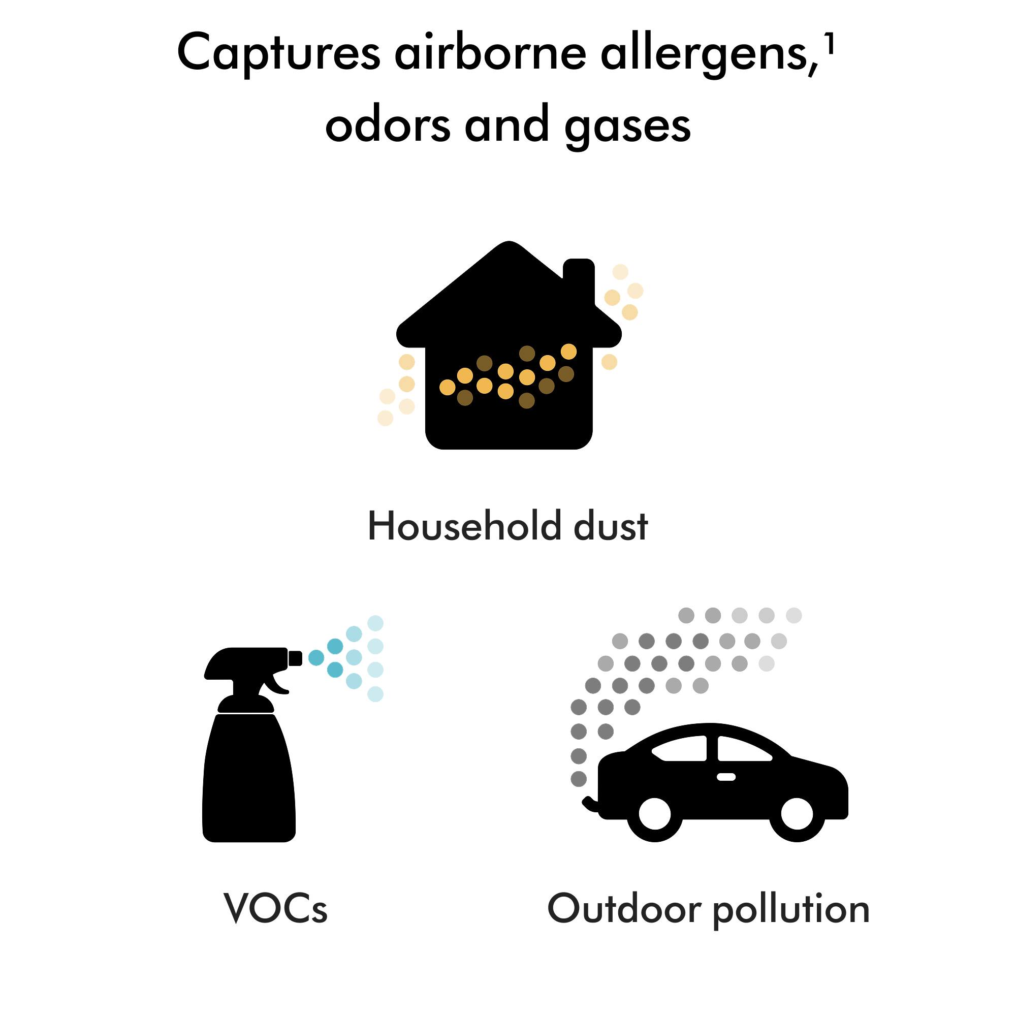 Captures airborne allergens,¹ odors and gases

- Household dust
- VOCs
- Outdoor pollution