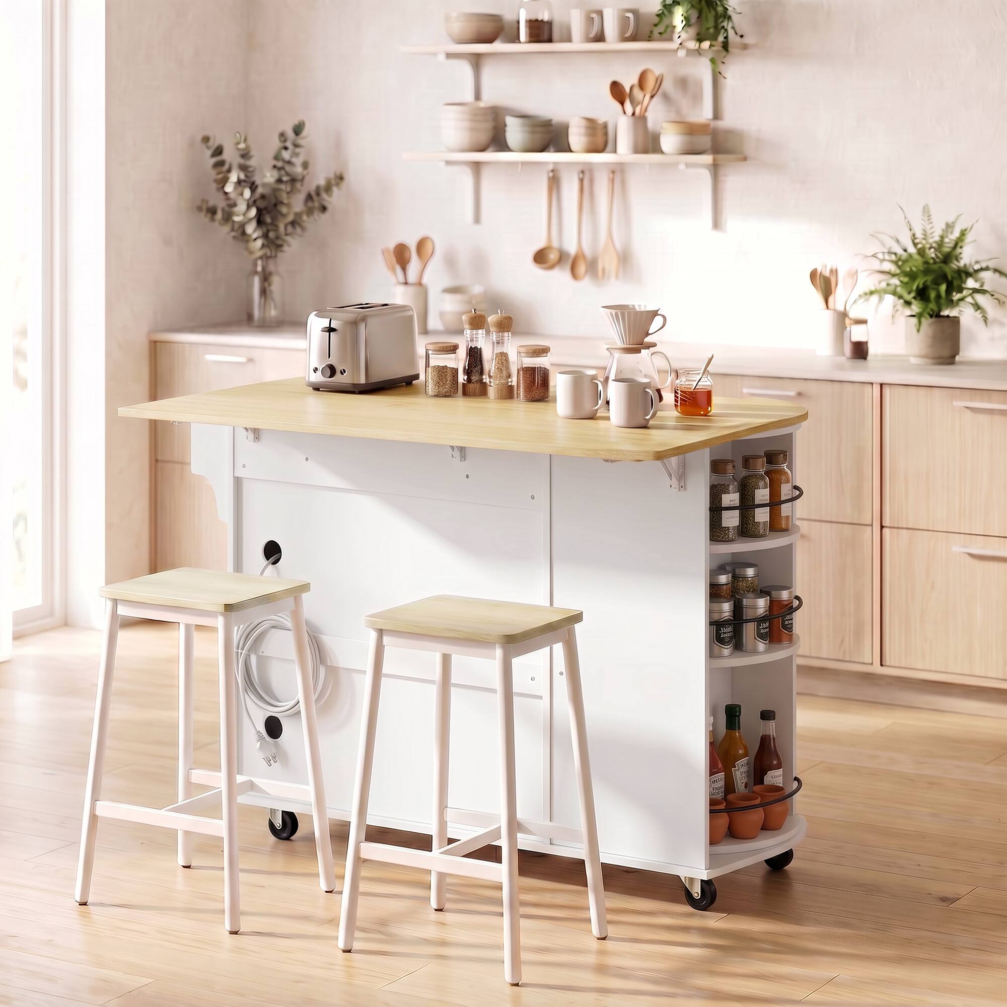 Alt View 8. Homcom - Kitchen Island with Power Outlet and Drop Leaf - White.