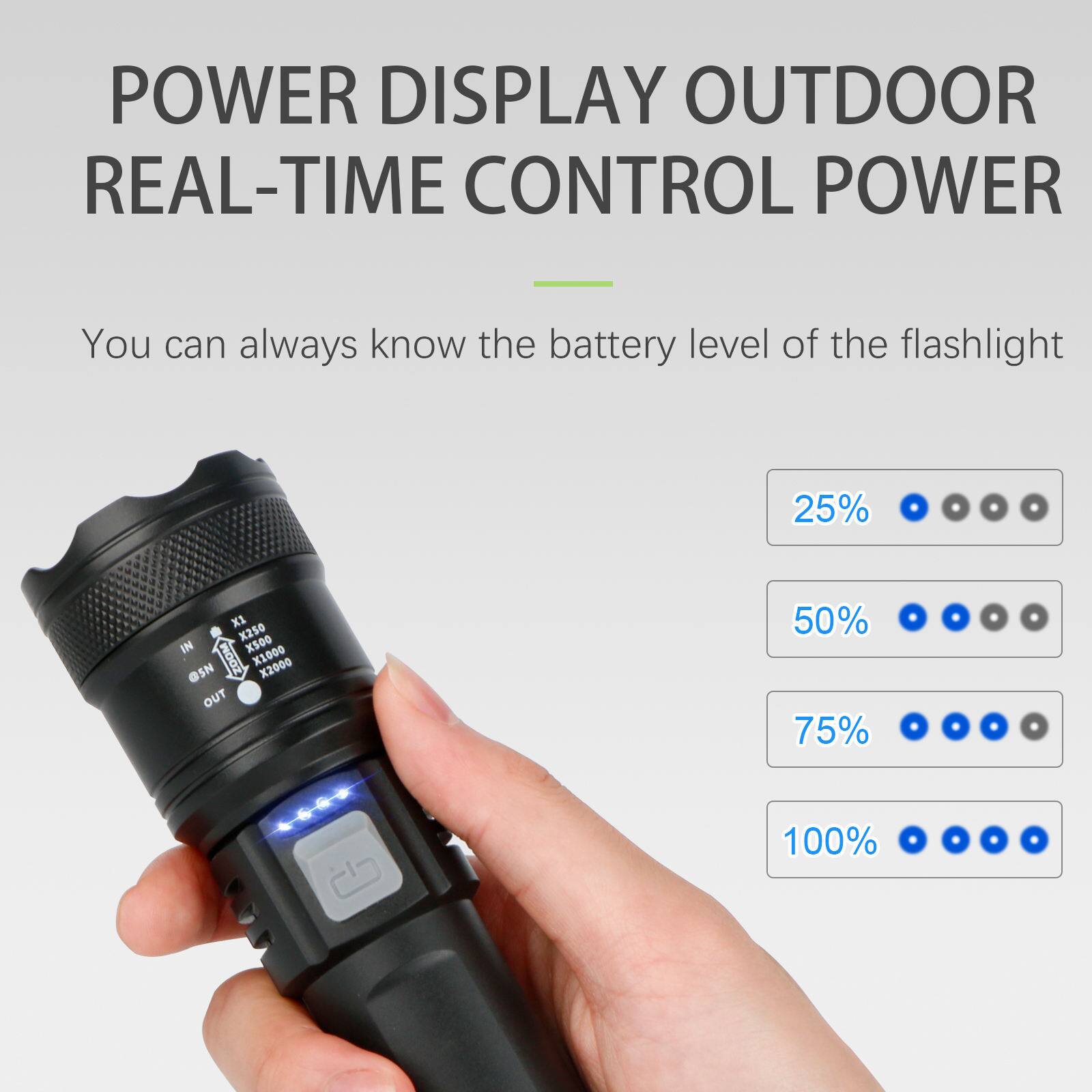 POWER DISPLAY OUTDOOR  
REAL-TIME CONTROL POWER

You can always know the battery level of the flashlight

25%  
50%  
75%  
100%