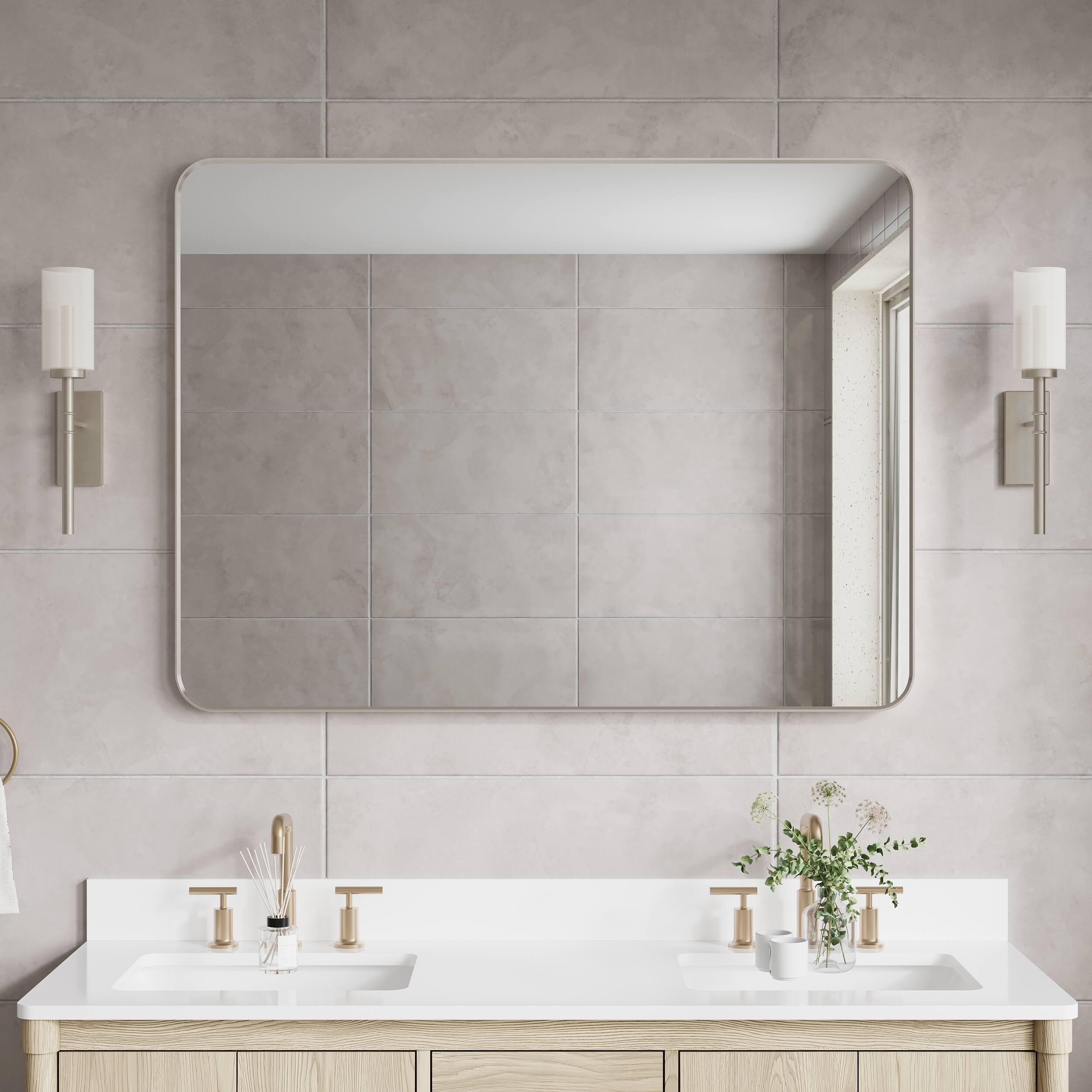 Left. WELLFOR - 48 in. W x 36 in. H Rectangular Aluminum Framed Wall Bathroom Vanity Mirror with Rounded Corners - Brushed Nickel.