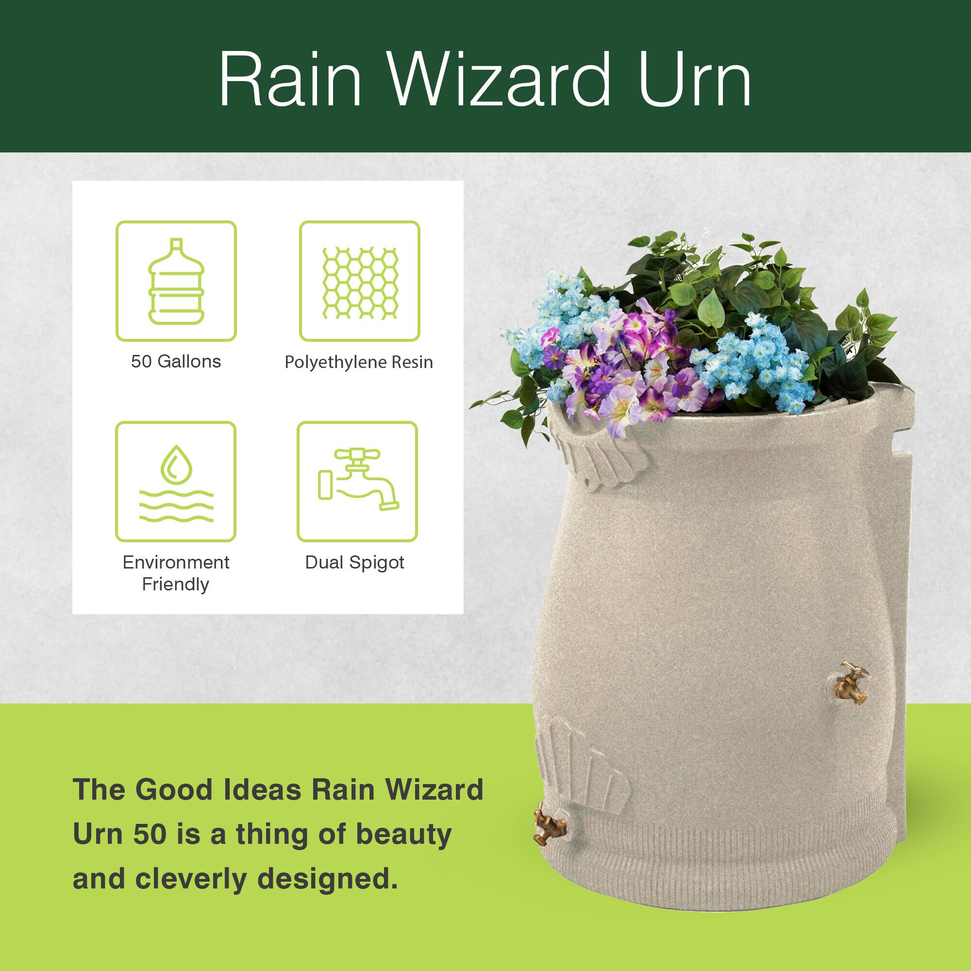 Rain Wizard Urn 50 Gallons Polyethylene Resin Environment Friendly Dual Spigot

The Good Ideas Rain Wizard Urn 50 is a thing of beauty and cleverly designed.