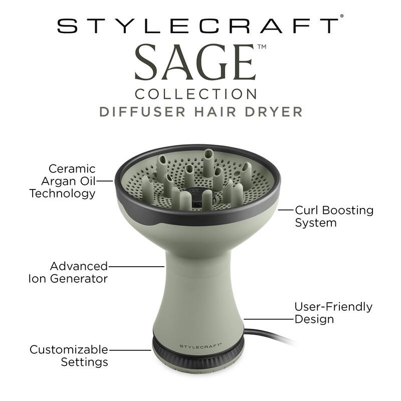 STYLECRAFT™ SAGE COLLECTION DIFFUSER HAIR DRYER

- Ceramic Argan Oil Technology
- Advanced Ion Generator
- Customizable Settings
- Curl Boosting System
- User-Friendly Design