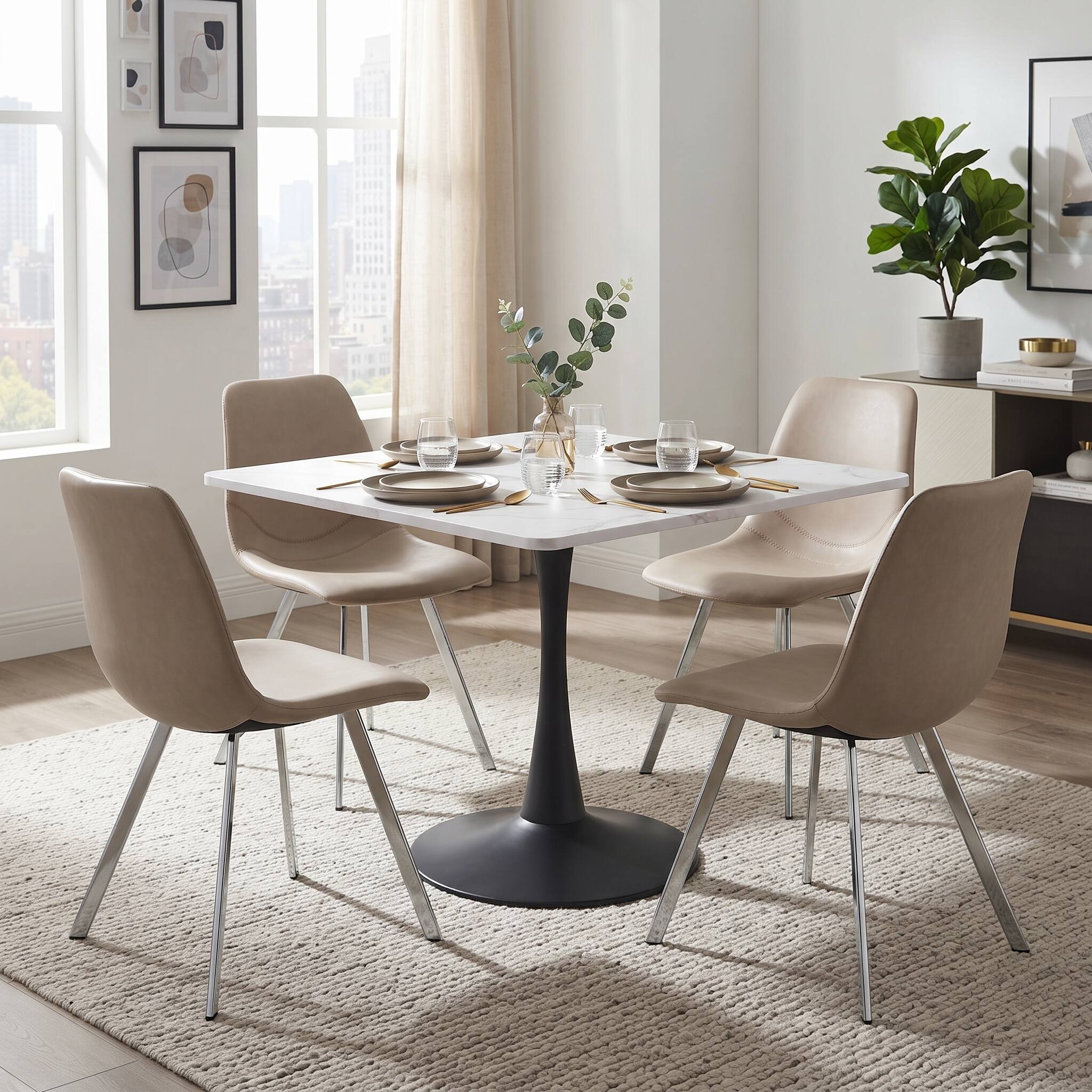 Alt View 2. LeisureMod - Markley Modern Leather Dining Chair with Curved Back, Baseball Stitching, Chrome Silver Legs, Kitchen Accent Chair - Taupe.