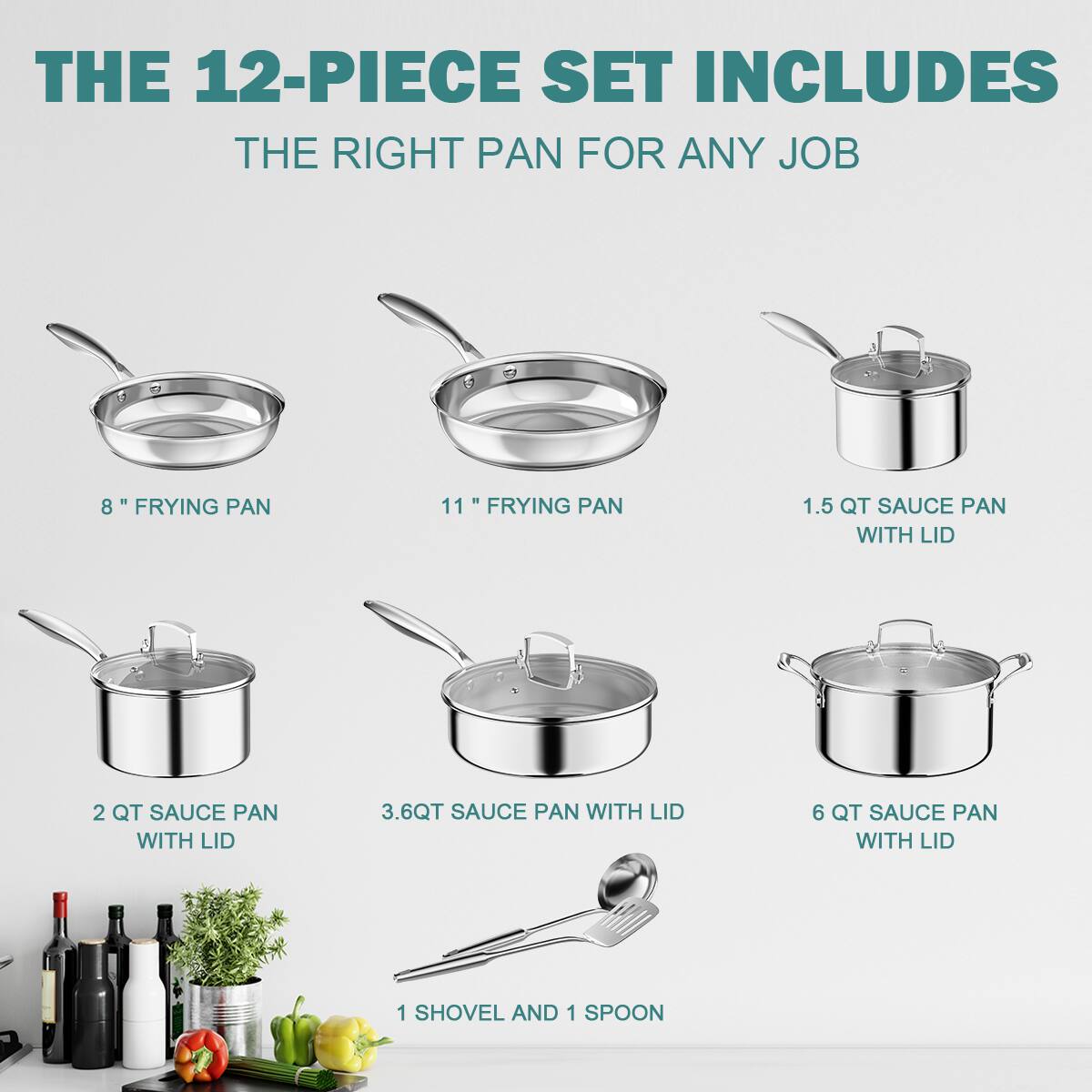 THE 12-PIECE SET INCLUDES  
THE RIGHT PAN FOR ANY JOB  

8" FRYING PAN  
11" FRYING PAN  
1.5 QT SAUCE PAN WITH LID  
2 QT SAUCE PAN WITH LID  
3.6 QT SAUCE PAN WITH LID  
6 QT SAUCE PAN WITH LID  
1 SHOVEL AND 1 SPOON