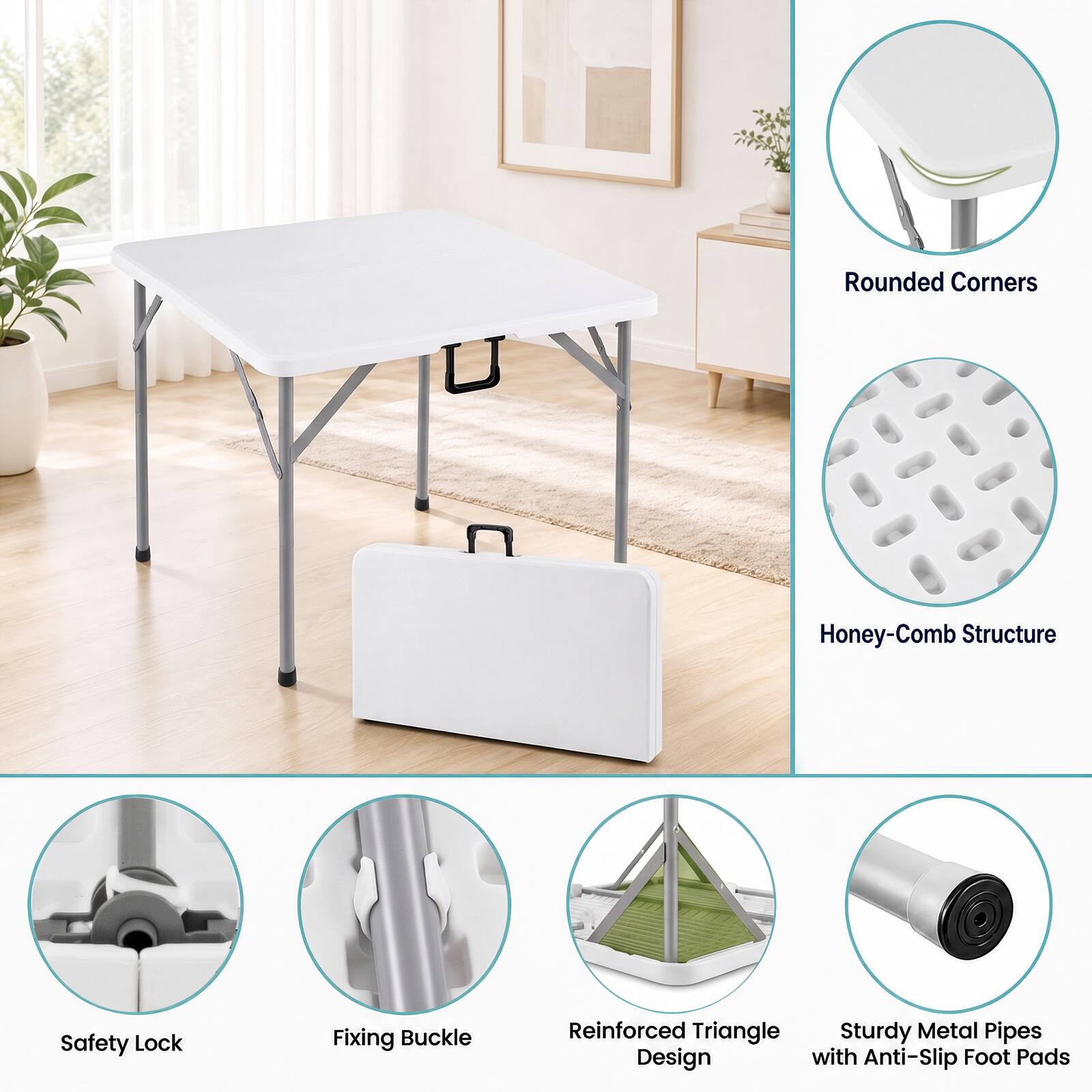 - Rounded Corners
- Honey-Comb Structure
- Safety Lock
- Fixing Buckle
- Reinforced Triangle Design
- Sturdy Metal Pipes with Anti-Slip Foot Pads