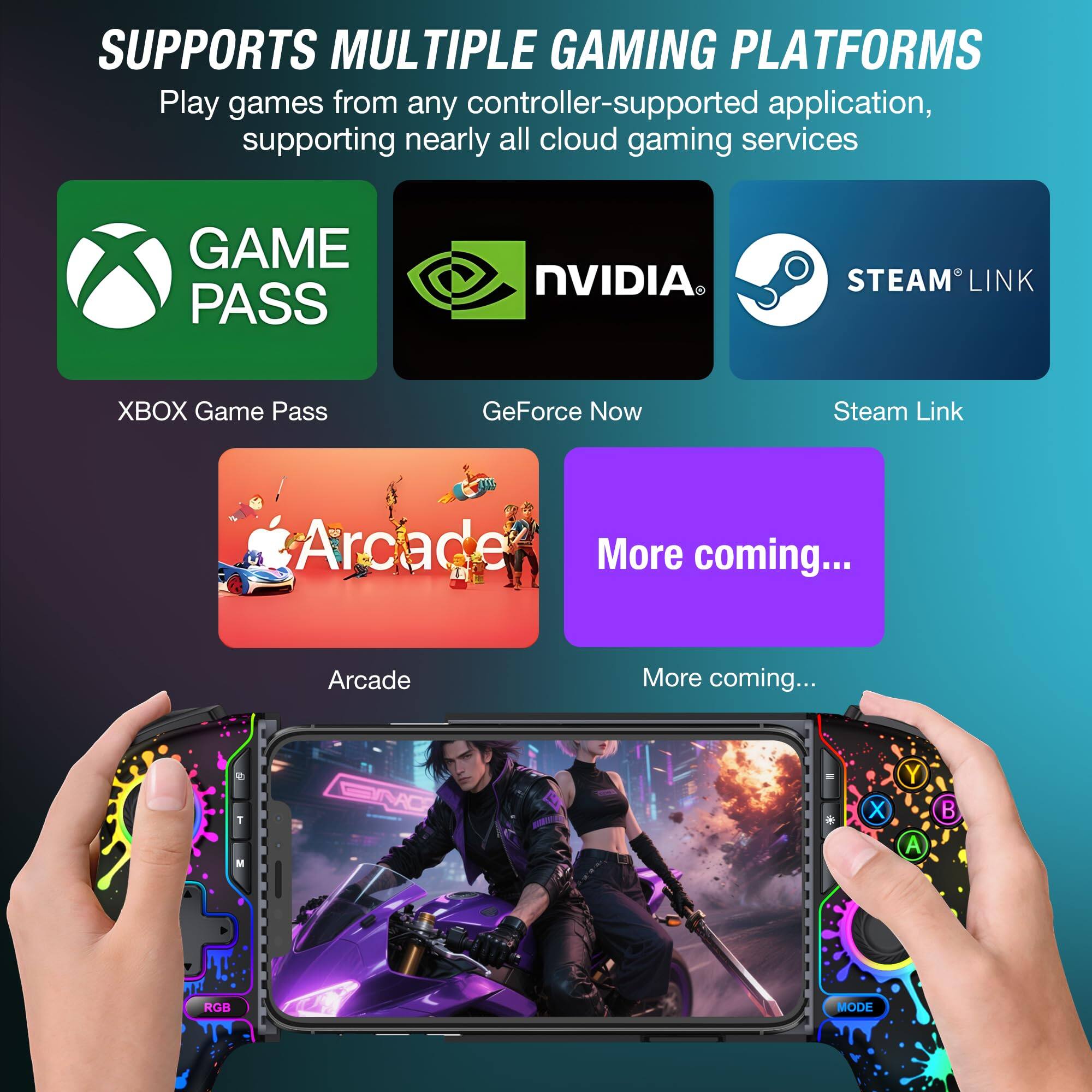 SUPPORTS MULTIPLE GAMING PLATFORMS  
Play games from any controller-supported application, supporting nearly all cloud gaming services  

- GAME PASS  
  XBOX Game Pass  

- NVIDIA  
  GeForce Now  

- STEAM LINK  
  Steam Link  

- Arcade  

- More coming...  

RGB MODE
