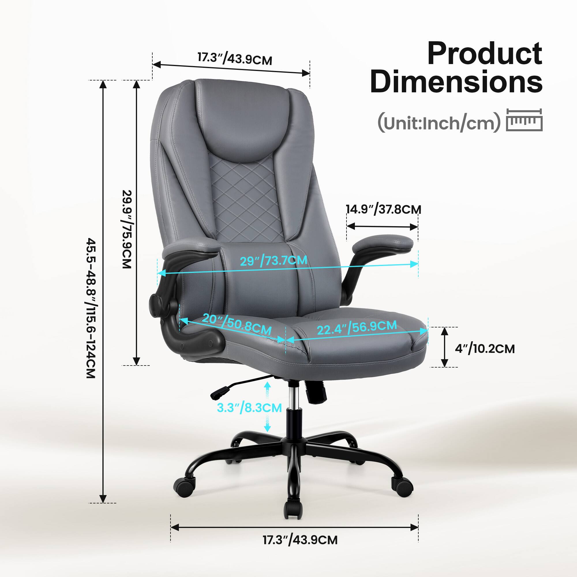 Product Dimensions (Unit: Inch/cm)

- 17.3"/43.9CM
- 29.9"/75.9CM
- 45.5-48.8"/115.6-124CM
- 29"/73.7CM
- 20"/50.8CM
- 22.4"/56.9CM
- 4"/10.2CM
- 3.3"/8.3CM
- 14.9"/37.8CM