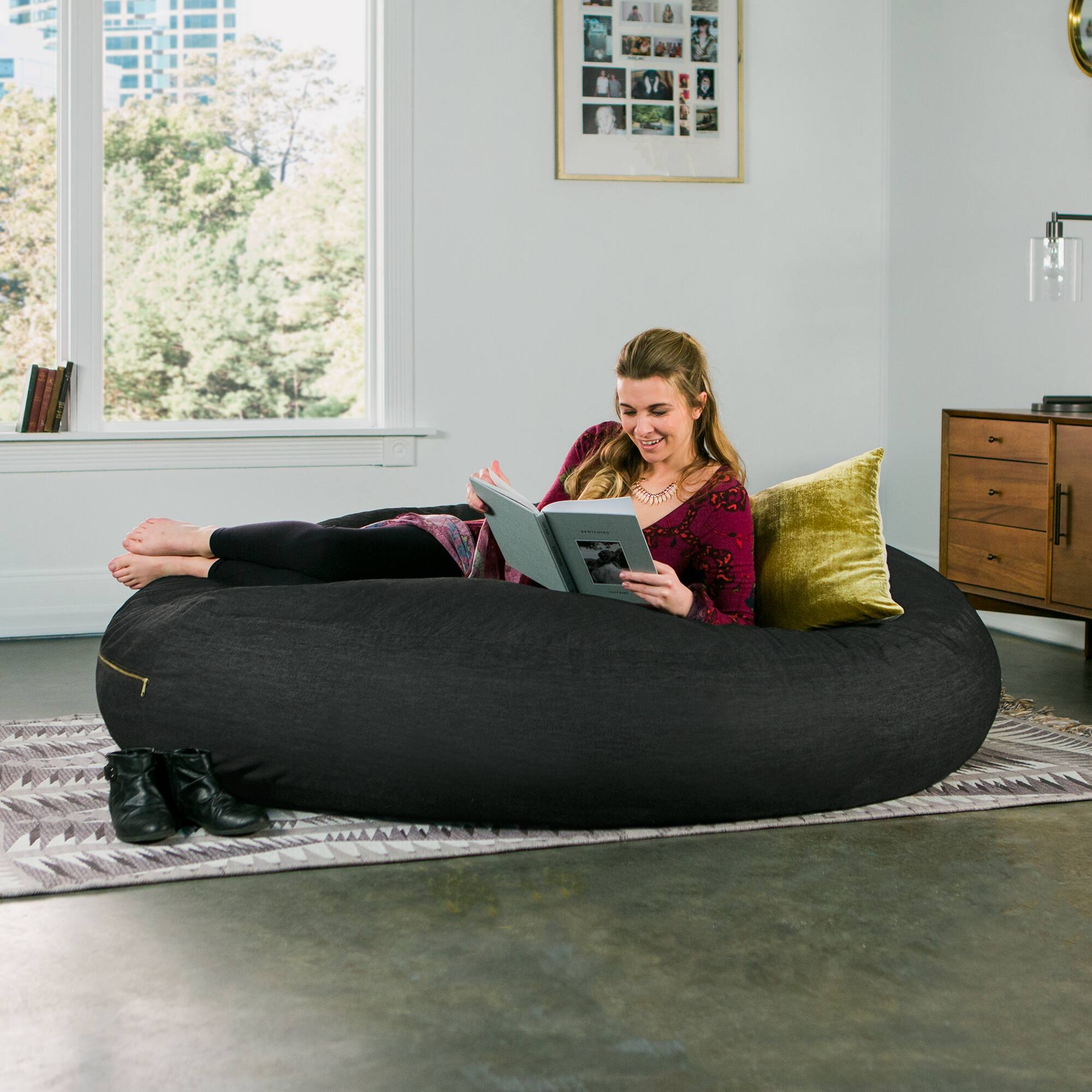 Left. Jaxx - Jaxx 6 Foot Cocoon - 2-in-1 Convertible Bean Bag Bed & Large Bean Bag Chair for Adults- Denim, Black - Dark Denim.
