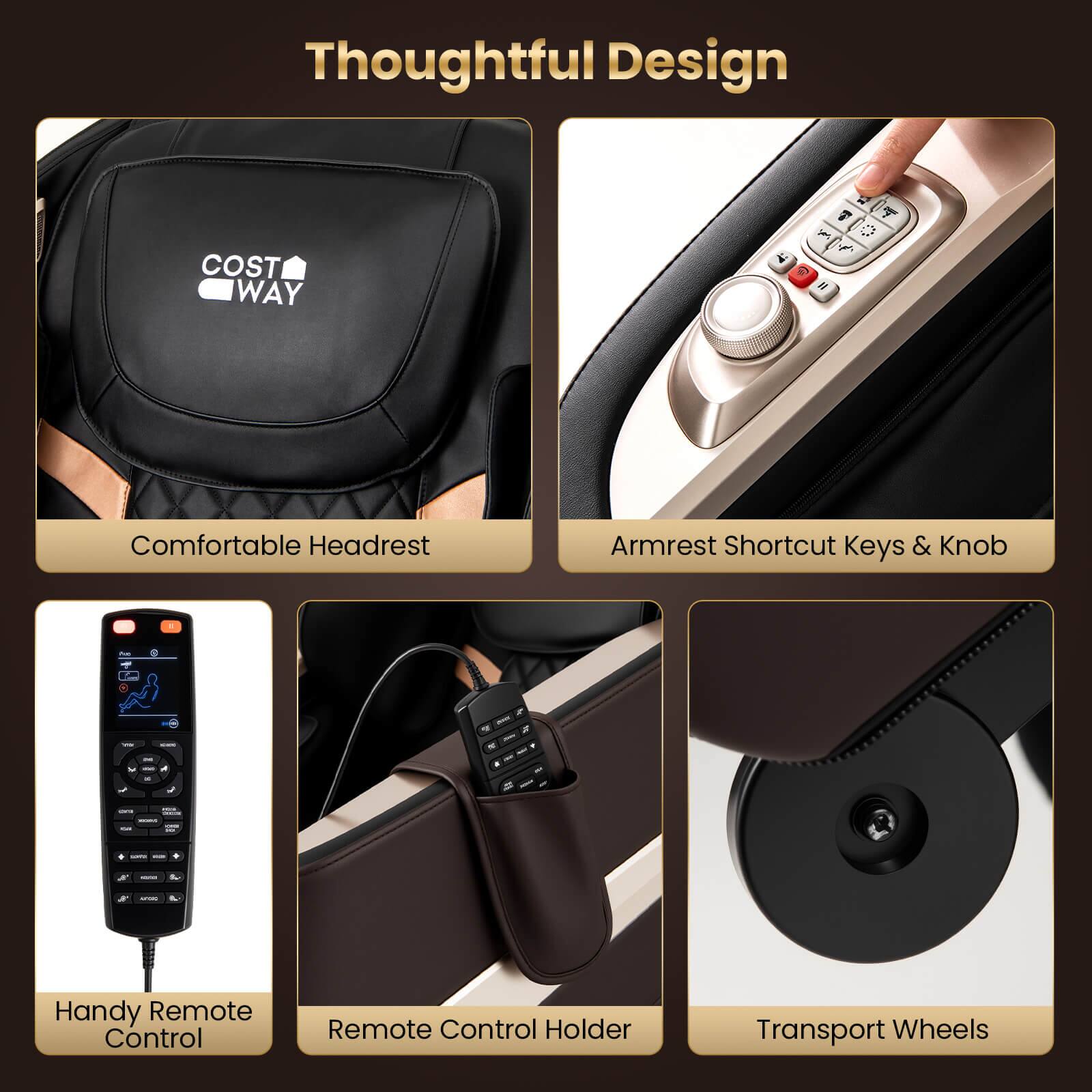 Thoughtful Design:

1. Comfortable Headrest
2. Armrest
3. Shortcut Keys & Knob
4. Handy Remote Control
5. Remote Control Holder
6. Transport Wheels