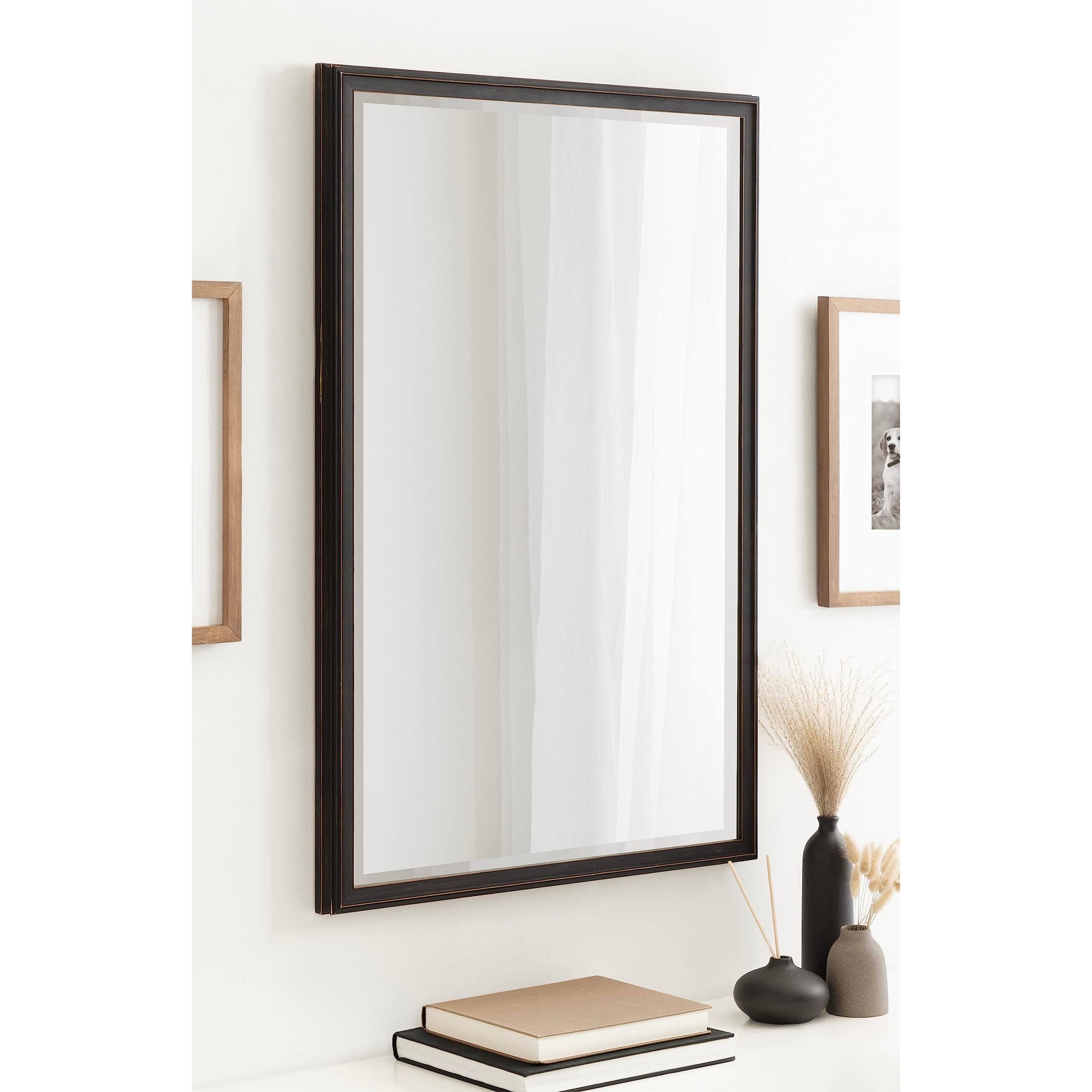 Back. Comfort Essence - Oakhurst Traditional Rectangle Wall Mirror 24 X 36 Distressed Vintage Statement Mirror With Stepped Frame... - Black-36"L x 24"W.