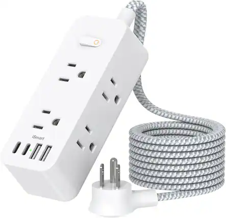 Front. FINEAK - 5FT Power Strip Surge Protector 6 Outlets with 4 USB Ports - White.