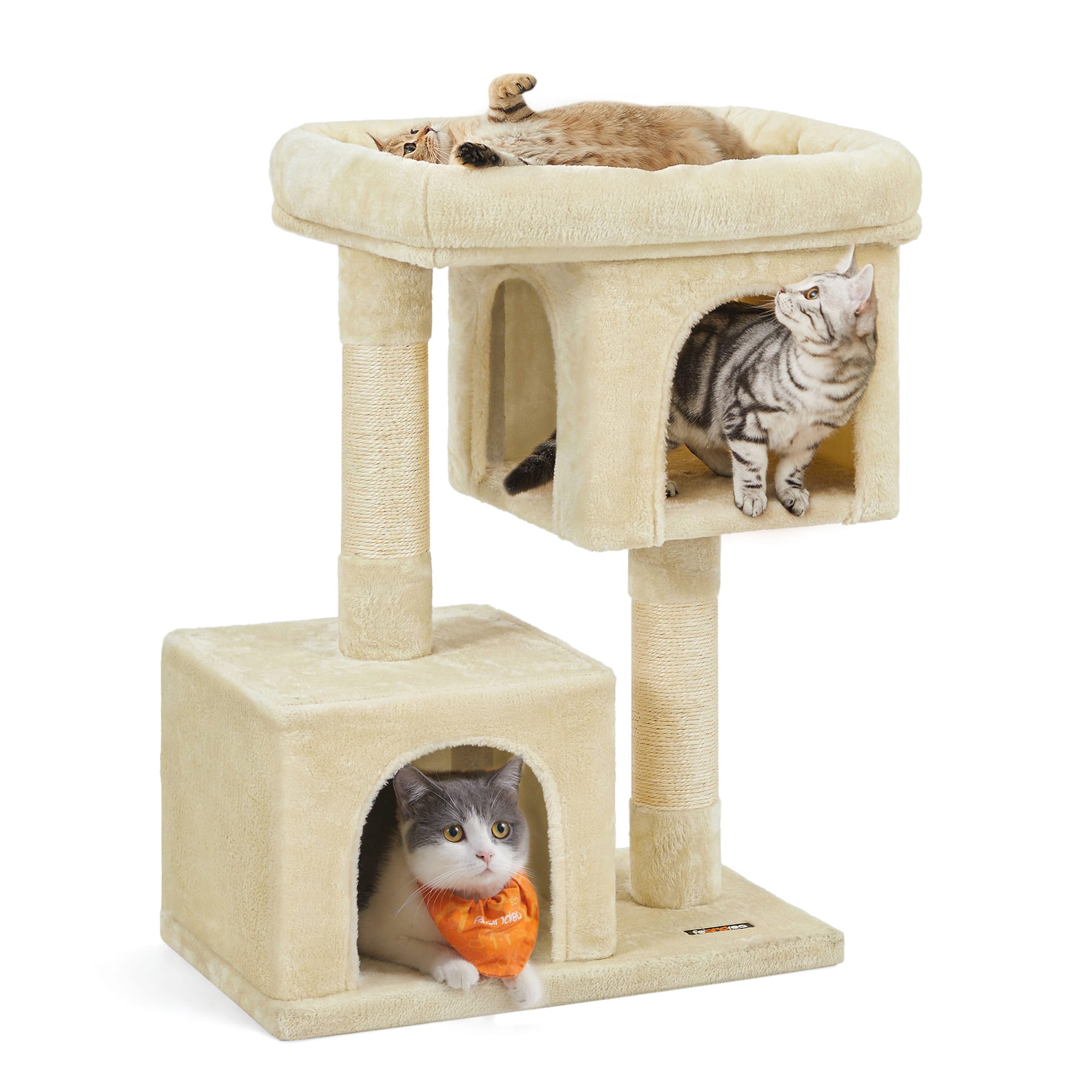 Songmics Home - Cat Tree, 33.1-Inch Cat Tower, Plush Condo for Large Cats up to 16 lb, Large Perch, 2 Caves, Scratching Post - Beige