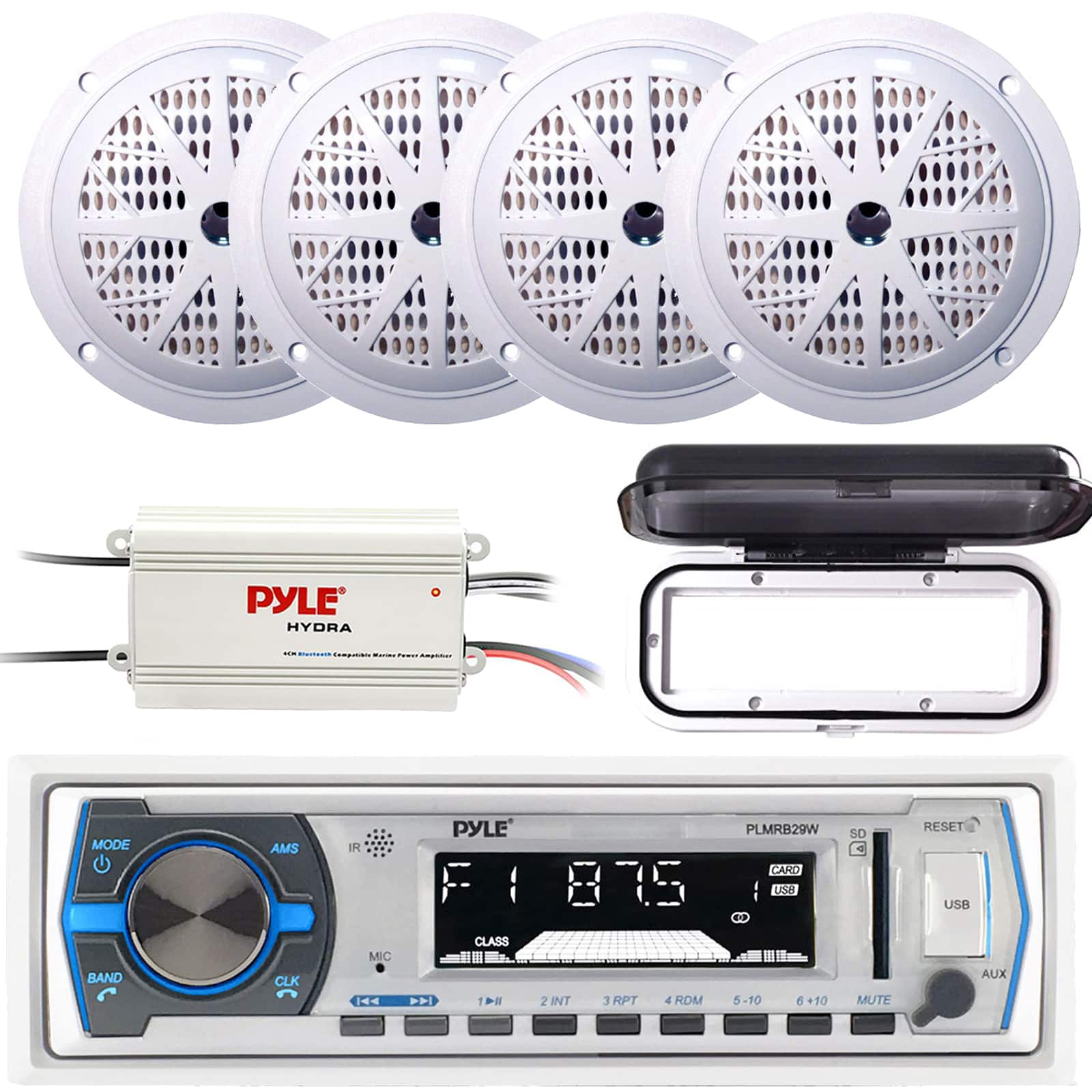 Pyle - PLMRB29W Single-DIN Marine Bluetooth MP3 Receiver w/Cover, 4x 5.25'' 100W Speakers (White), Bluetooth Amplifier