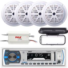 Pyle - PLMRB29W Single-DIN Marine Bluetooth MP3 Receiver w/Cover, 4x 5.25'' 100W Speakers (White), Bluetooth Amplifier