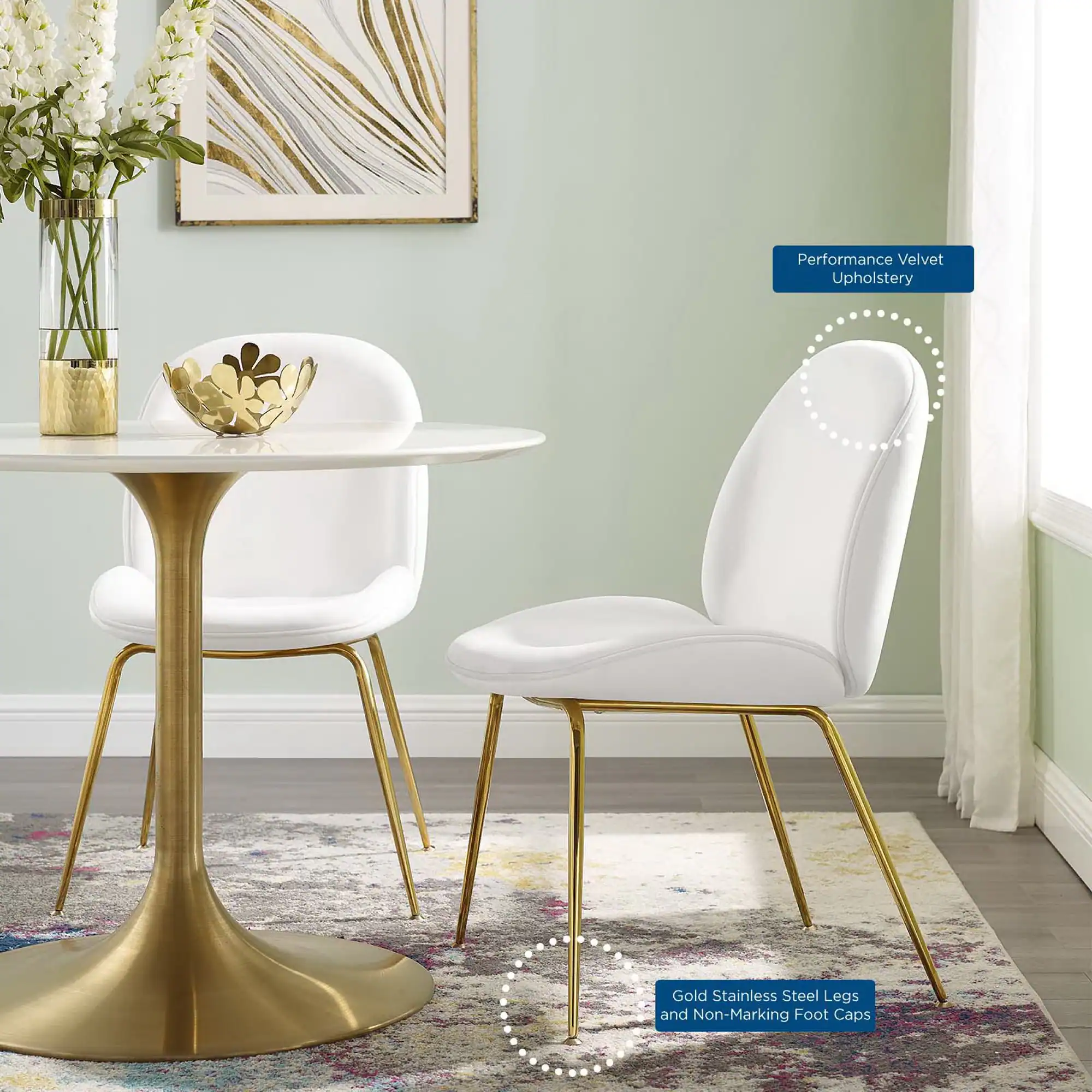 Performance Velvet Upholstery  
Gold Stainless Steel Legs and Non-Marking Foot Caps