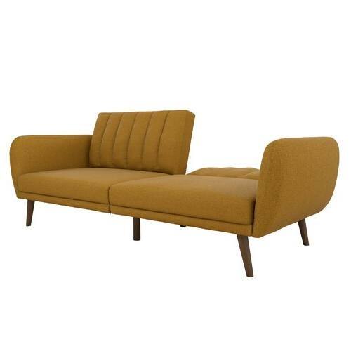 Left. Hivvago - Mustard Linen Upholstered Futon Sofa Bed with Mid-Century Style Wooden Legs - Mustard.