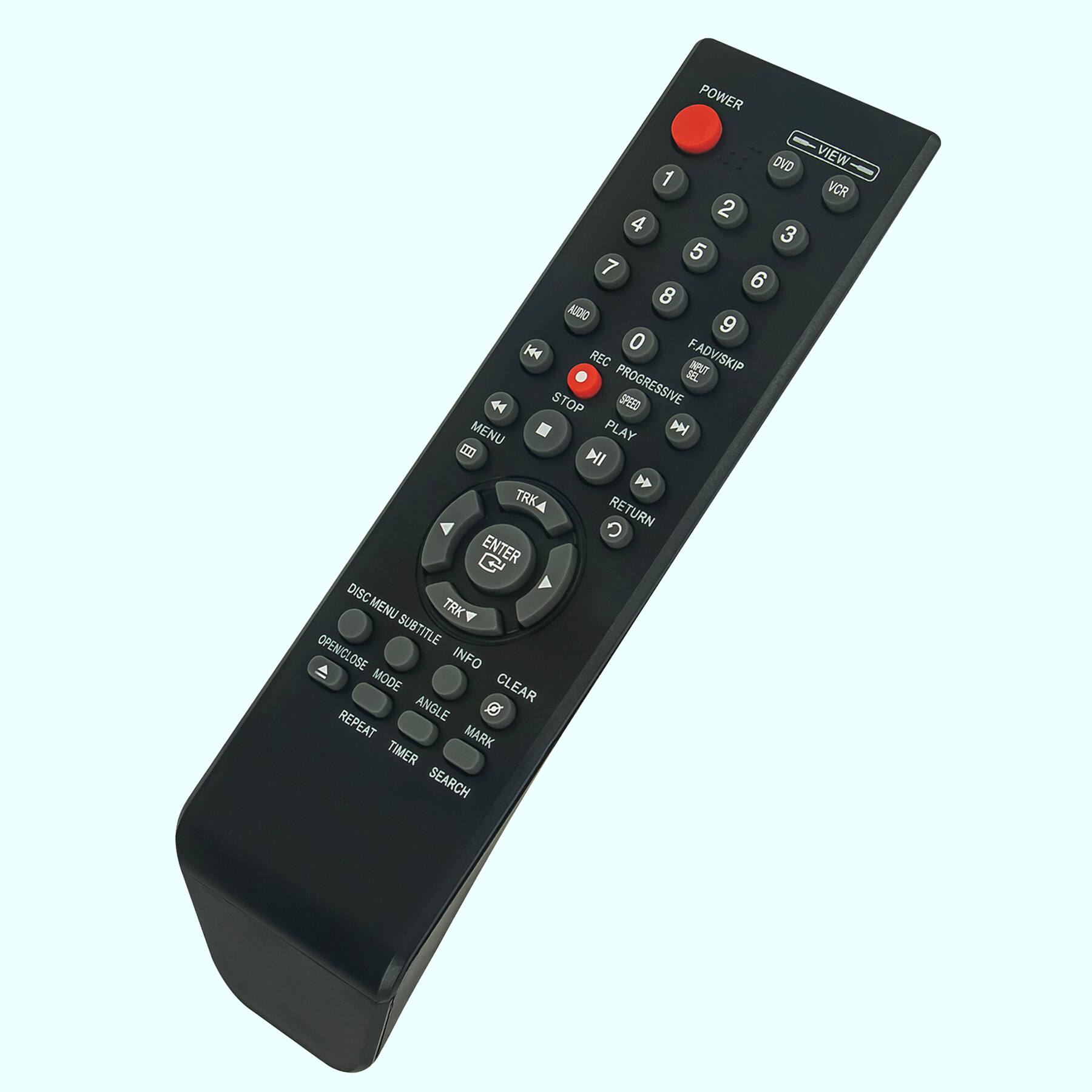 POWER DVD 1 2 3 4 5 6 7 8 9 0 REC F-ADVSKIP NPVT SEL STOP S PROGRESSIVE SPEED MENU PLAY RETURN ENTER DISC MENU TRK SUBTITLE OPEN/CLOSE INFO MODE CLEAR ANGLE REPEAT MARK TIMER SEARCH VIEW VCR