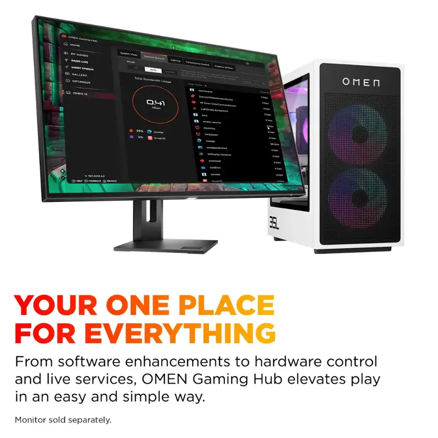 Your One Place for Everything: From software enhancements to hardware control and live services, OMEN Gaming Hub elevates play in an easy and simple way. Monitor sold separately.