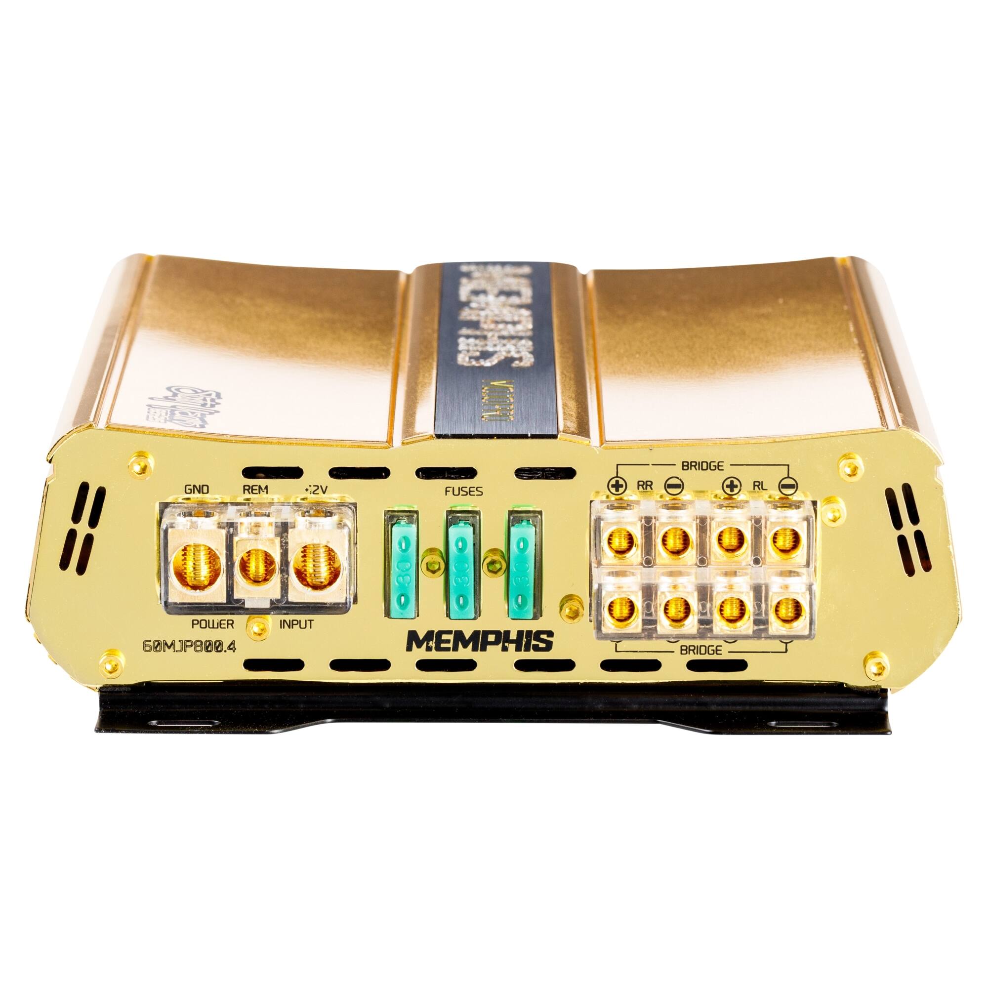 Sure, here is the corrected and grouped text from the image:

- GND
- REM
- +12V
- FUSES
- POWER
- INPUT
- BRIDGE
- RR
- RL
- MEMPHIS
- 60MJP808.4