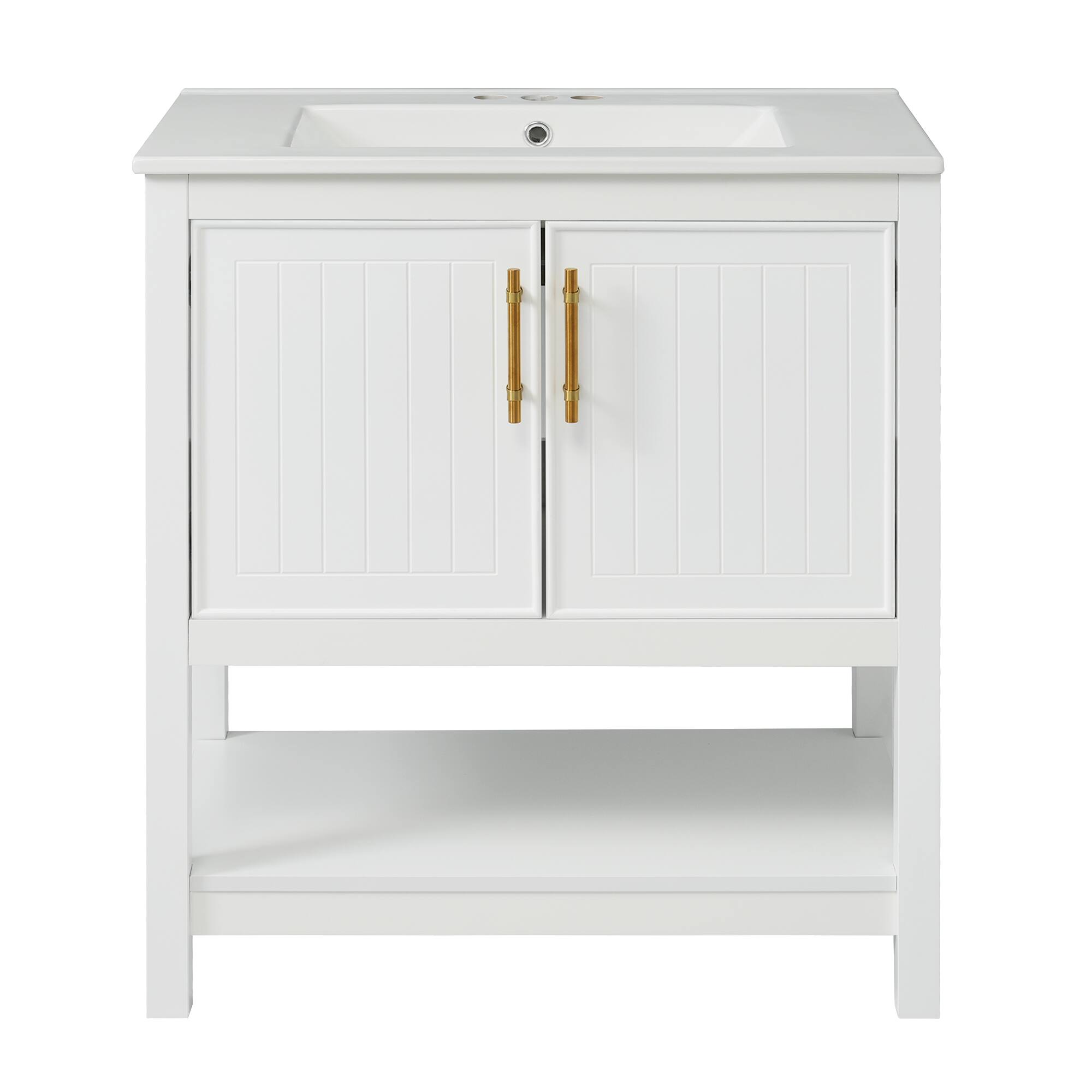 Back. Whisen - 30-Inch Bathroom Vanity with Ceramic Sink,Compact Storage Cabinet with Soft-Close Doors-White - White.