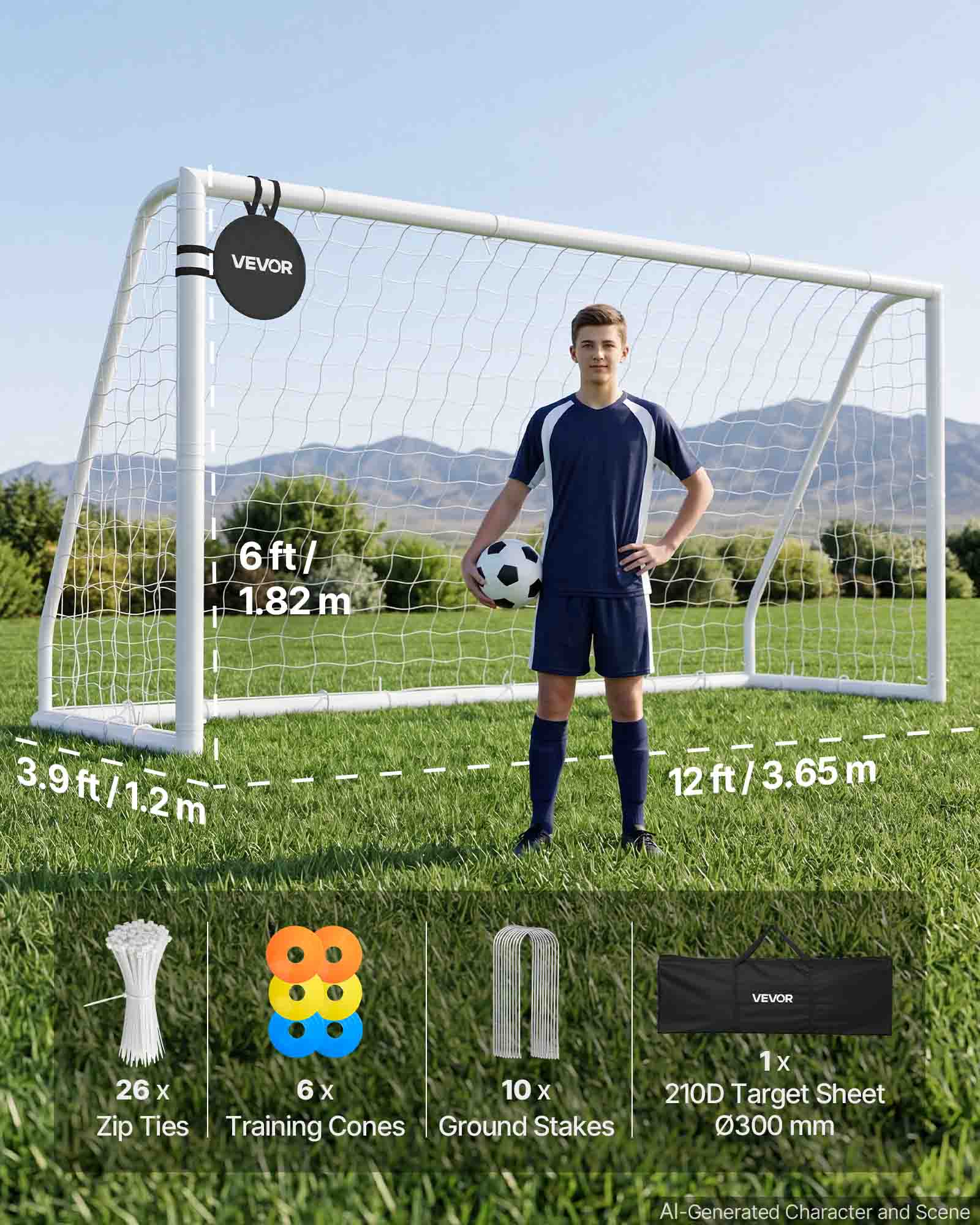 VEVOR 6ft/ 1.82m, 3.9ft/1.2m, 12 ft/3.65m, 3.65 m

VEVOR 1x 210D Target Sheet 0300 mm

26 x Zip Ties
6 x Training Cones
10 x Ground Stakes

AI-Generated Character and Scene