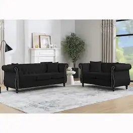 Ropilly - 80 Inch Black Velvet Chesterfield Sofa, 3 Seater Tufted Couch with Rolled Arms and Nailhead Trim - Black