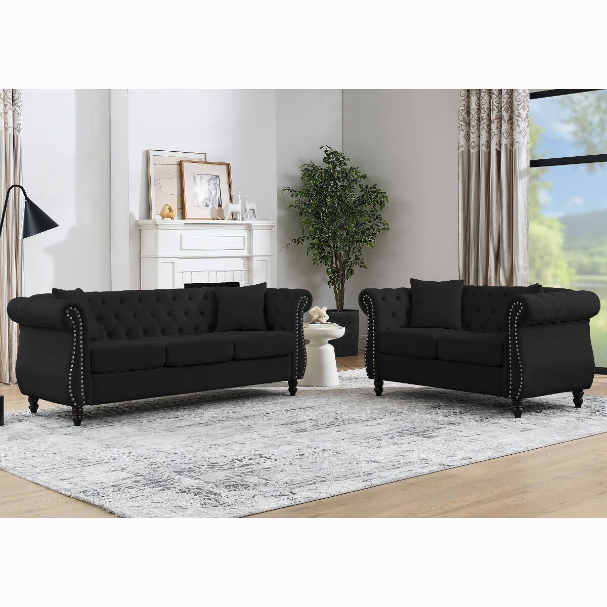 Front. Ropilly - Ropilly 80 Inch Black Velvet Chesterfield Sofa, 3 Seater Tufted Couch with Rolled Arms and Nailhead Trim - Black.