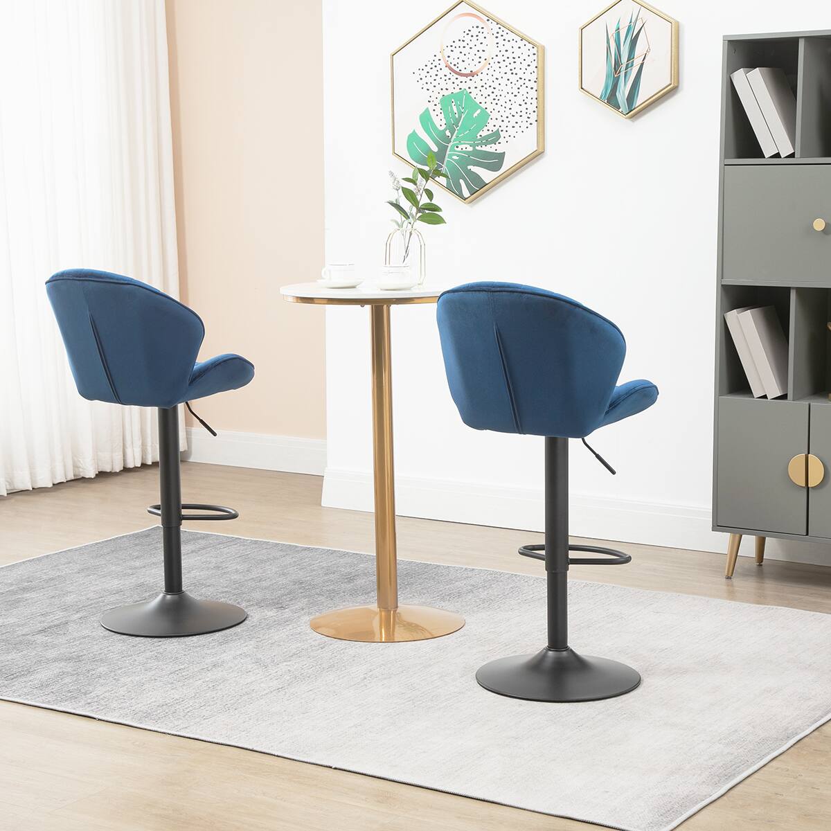 Left. Trinkets Crazed - Adjustable Swivel Gold Bar Stools Set Of 2, Counter Height With Backs, Velvet Island Chairs For Kitchen Home Decor - Blue.