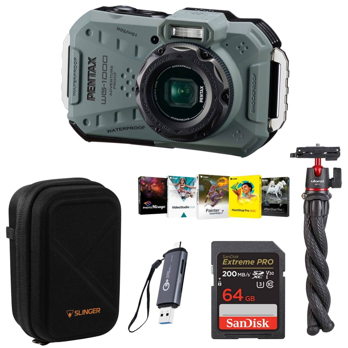 Bundle - Pentax WG-1000 All-Weather Camera - Olive, Accessory Kit