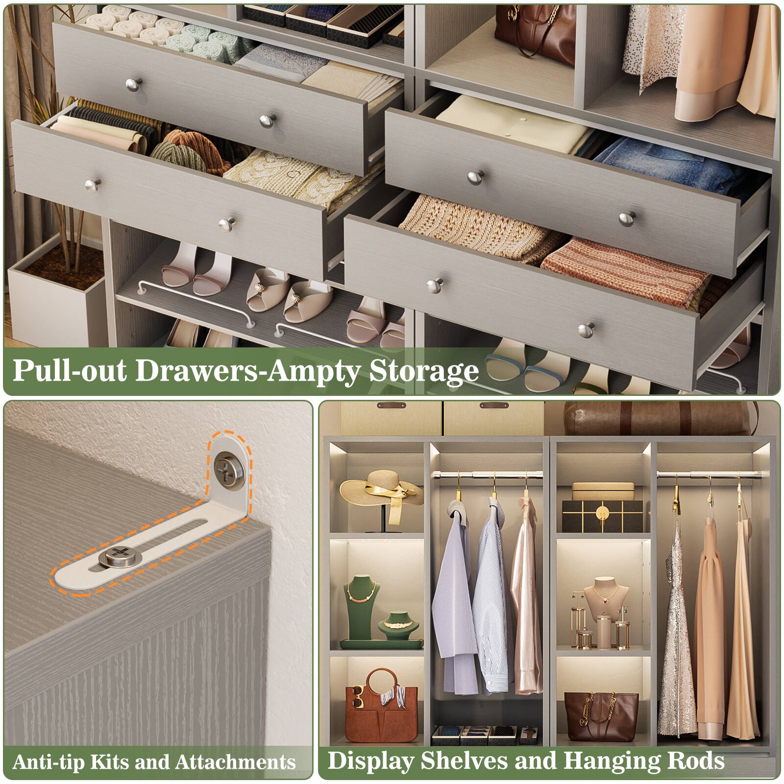 Pull-out Drawers-Ampty Storage  
Anti-tip Kits and Attachments  
Display Shelves and Hanging Rods