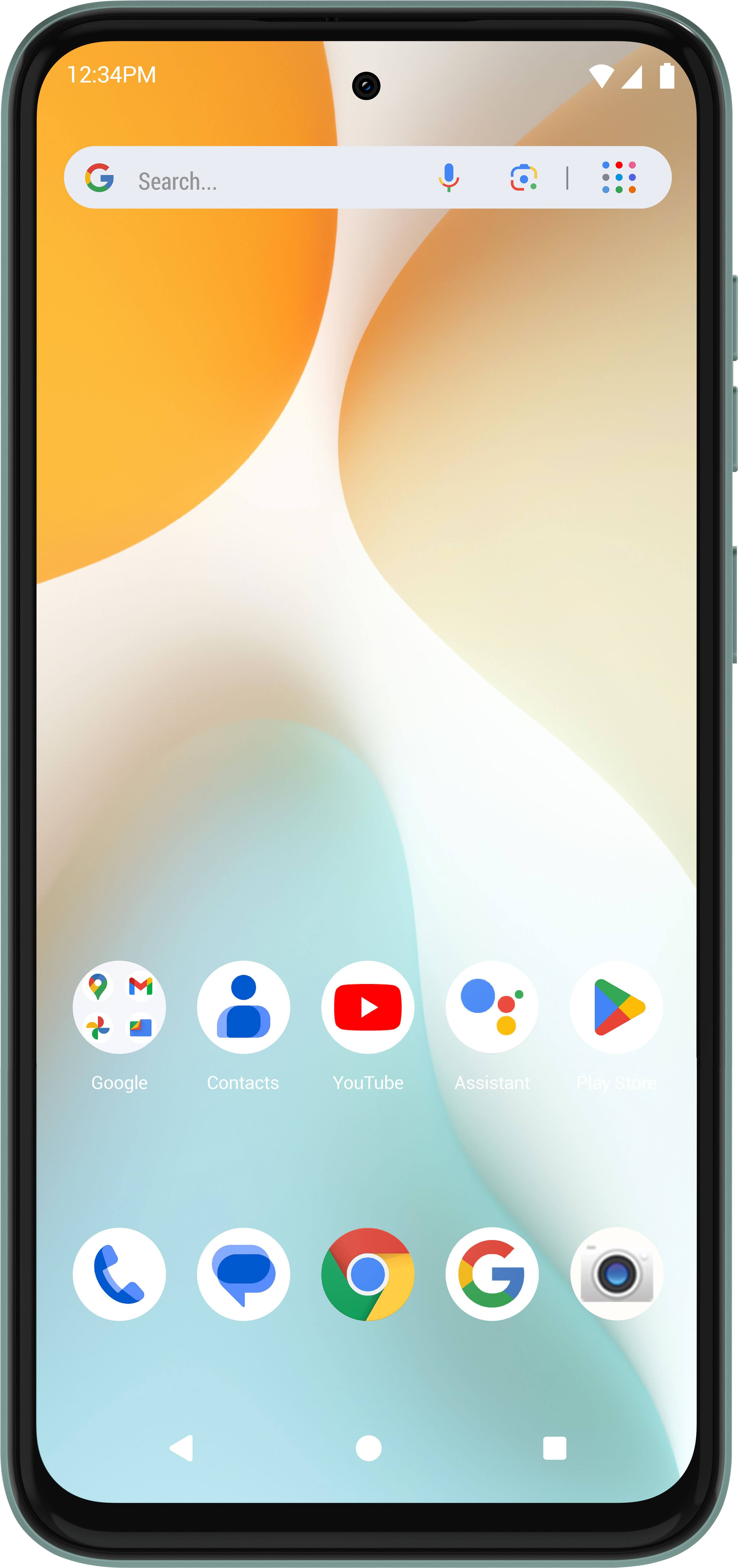 12:34 PM

Search...

Google Contacts YouTube Assistant Play Store

Google Contacts YouTube Assistant Play Store

Phone Messages Chrome Google Camera