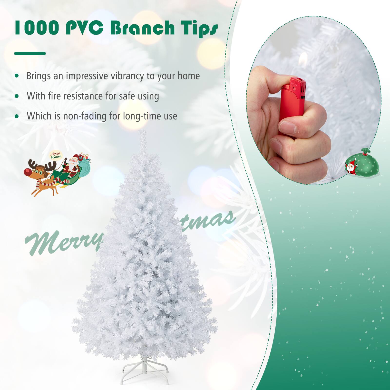 1000 PVC Branch Tips

- Brings an impressive vibrancy to your home
- With fire resistance for safe using
- Which is non-fading for long-time use

Merry Christmas