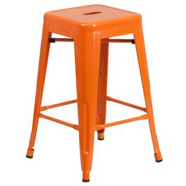 Emma + Oliver - Commercial Grade 24"H Backless Metal Indoor-Outdoor Counter Stool w/ Square Seat - Orange