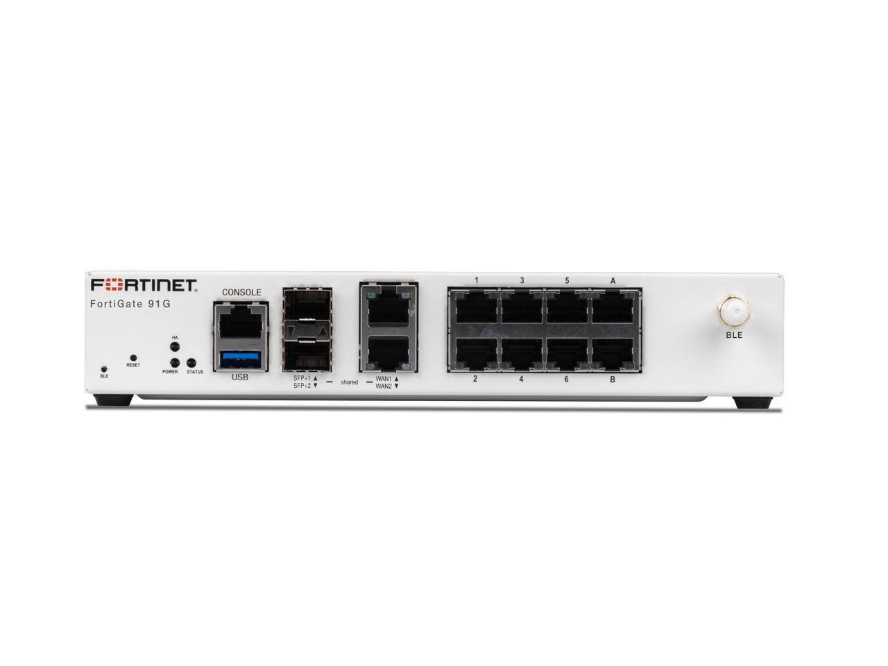 FORTINET  
FortiGate 91G  
CONSOLE  
1 3 5 A  
2 4 6 B  
USB  
SFP+1  
SFP+2  
shared  
WAN1  
WAN2