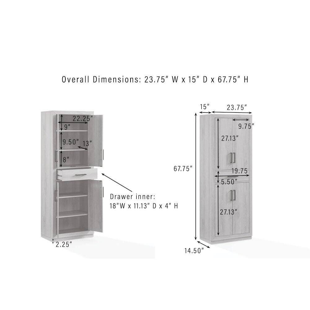Overall Dimensions: 23.75" W x 15" D x 67.75" H  
22.25"  
9"  
9.50"  
13"  
8"  
Drawer inner: 18"W x 11.13" D x 4" H  
23.75"  
9.75"  
27.13"  
19.75"  
5.50"  
27.13"  
2.25"  
14.50"
