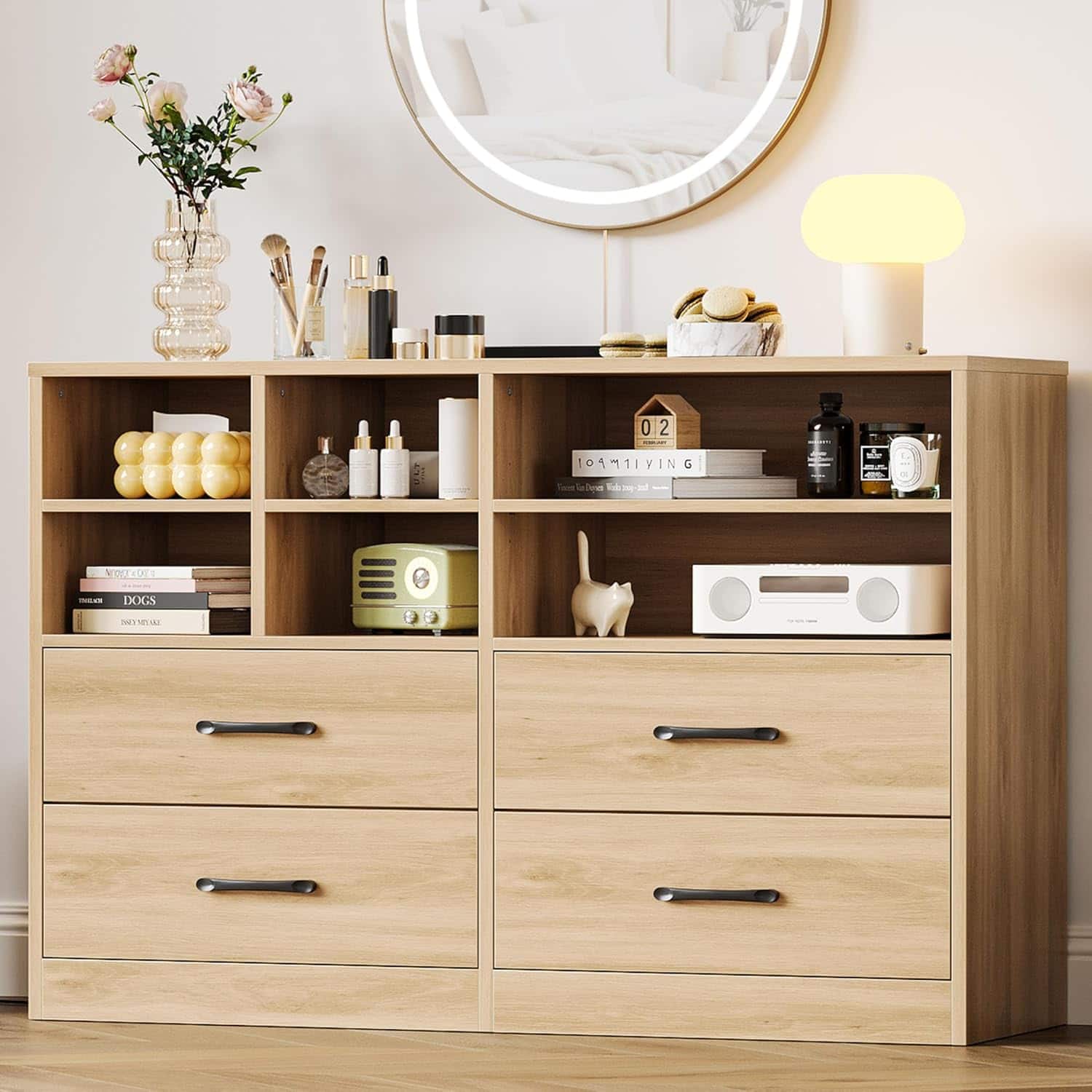 Acekool - Oak 4-Drawer Dresser with 6 Cubbies, Modern Chest with Adjustable Shelves, TV Stand for Living Room, Hallway - Oak Wood