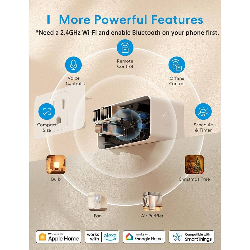 I More Powerful Features  
*Need a 2.4GHz Wi-Fi and enable Bluetooth on your phone first.

- Remote Control
- Voice Control
- Offline Control
- Compact Size
- Schedule & Timer

- Bulb
- Christmas Tree
- Fan
- Air Purifier

Works with Apple Home  
works with alexa  
works with Google Home  
Compatible with SmartThings