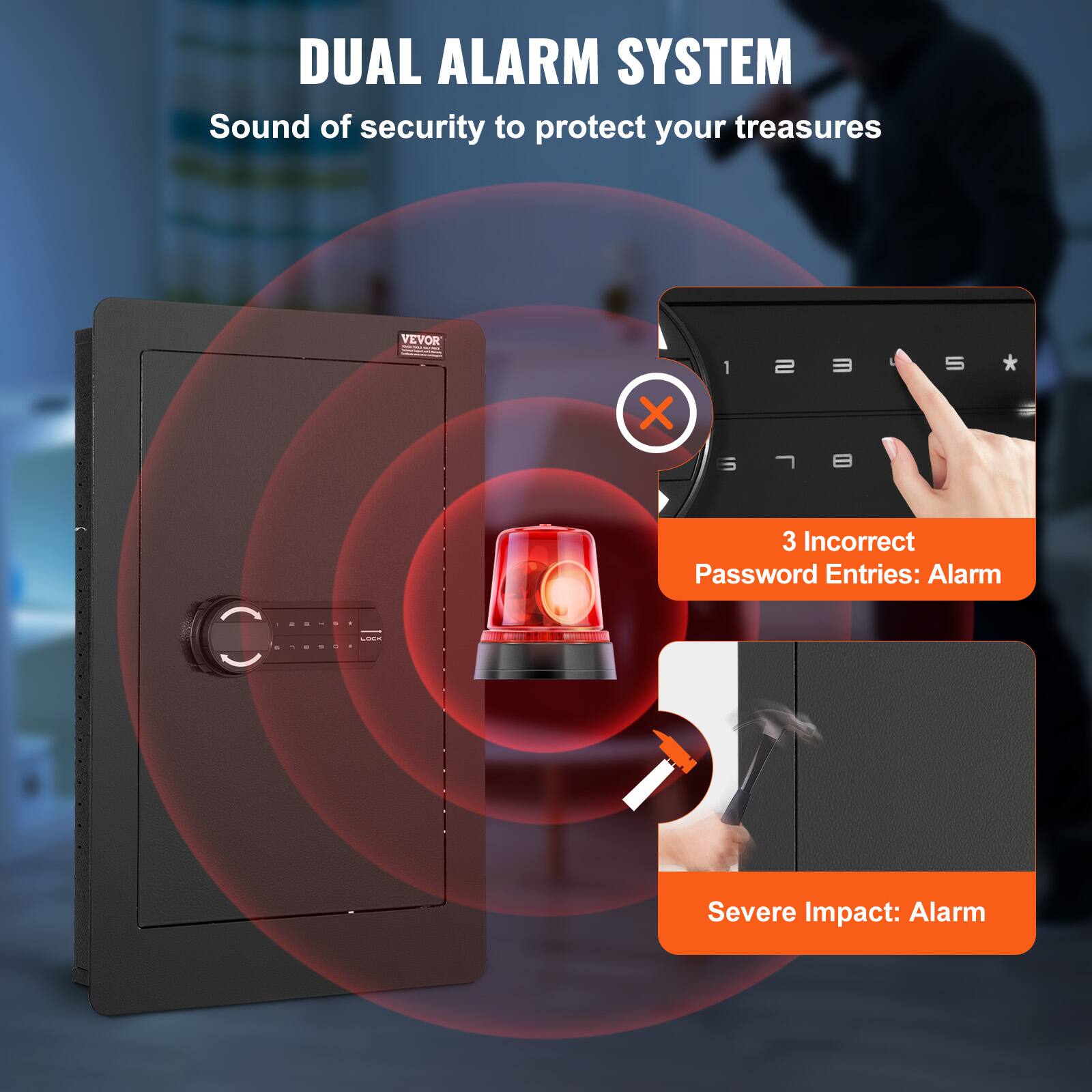 DUAL ALARM SYSTEM  
Sound of security to protect your treasures  

3 Incorrect Password Entries: Alarm  
Severe Impact: Alarm