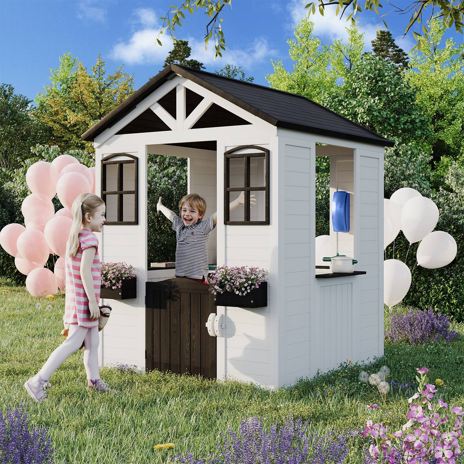 Angle. U-HOMY - White Wooden Playhouse for Kids with Door & Windows - White.