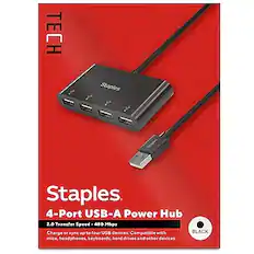 Staples
4-Port USB-A Power Hub
2.0 Transfer Speed - 480 Mbps
Charge or sync up to four USB devices.
Compatible with mice, headphones, keyboards, hard drives, and other devices.
BLACK