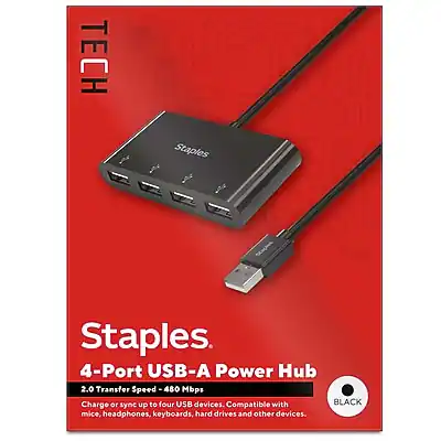 Staples
4-Port USB-A Power Hub
2.0 Transfer Speed - 480 Mbps
Charge or sync up to four USB devices.
Compatible with mice, headphones, keyboards, hard drives, and other devices.
BLACK