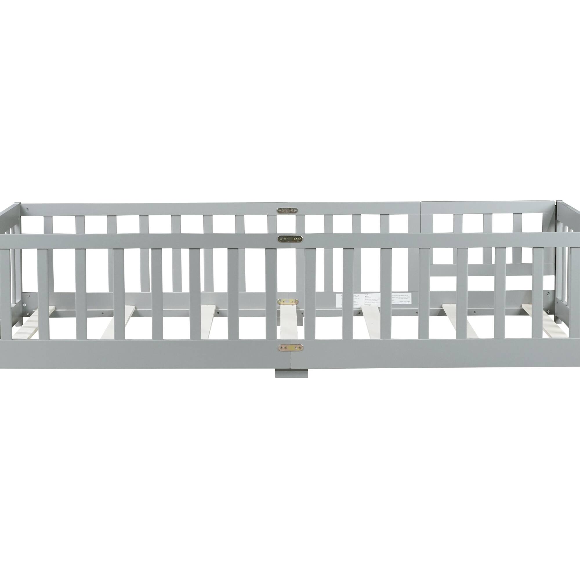 Angle. GOODSILO - Twin Size Floor Bed with Safety Fence and Door for Kids, Sturdy Rubber Wood Construction - Grey.