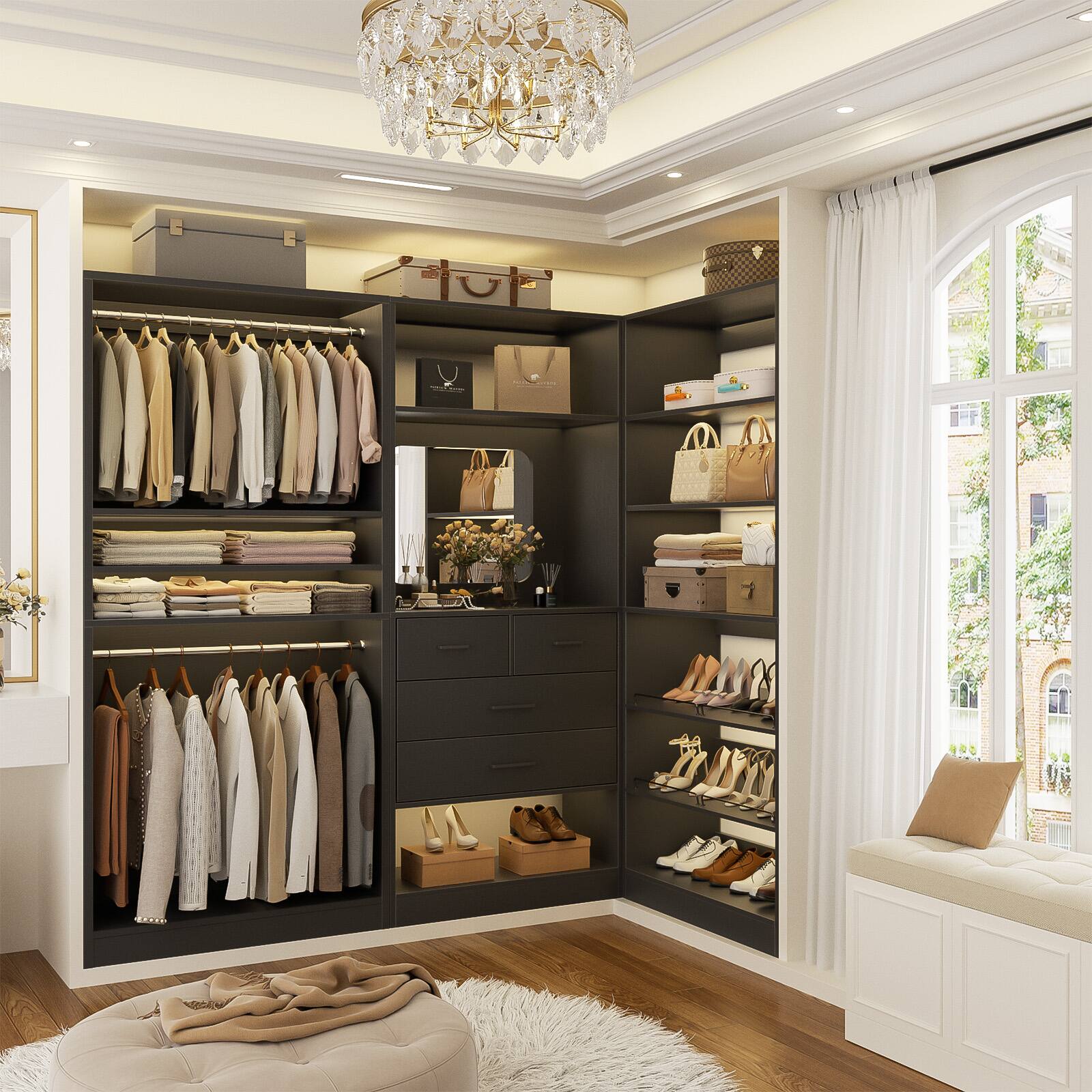 Left. Aheaplus - Large Walk-in Closet System Set of 3, 86'' Wide Closet Storage System with Drawers, Hanging Rods and Shoe Racks - Black.
